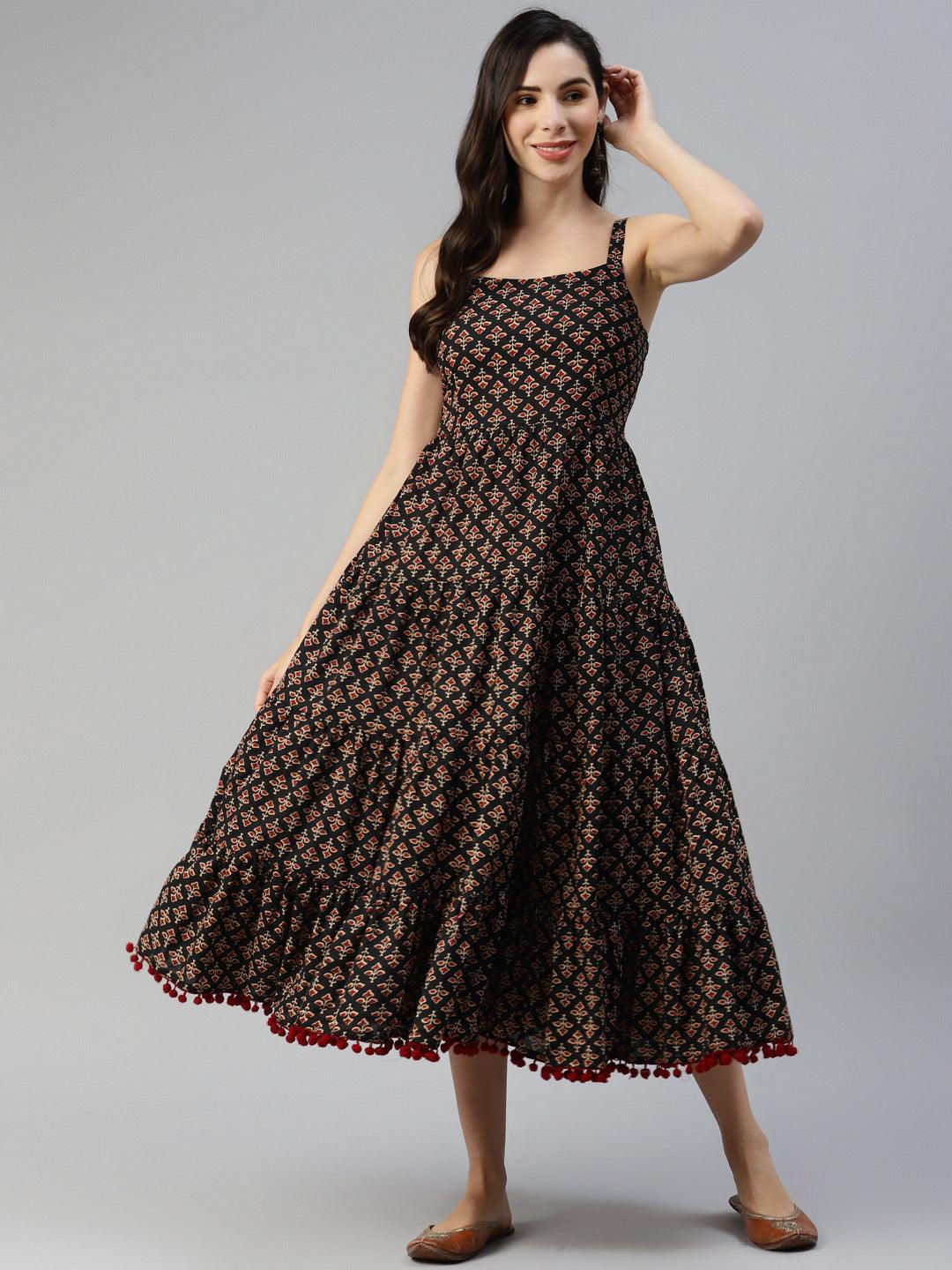 Women's Black Floral Printed Shoulder Strip Long dress