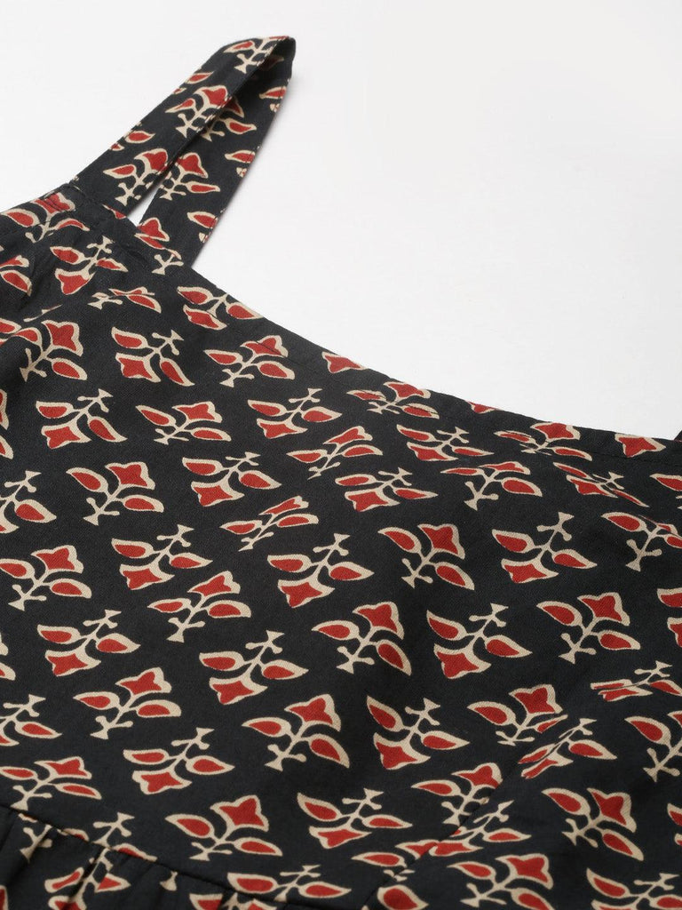 Women's Black Floral Printed Shoulder Strip Long dress