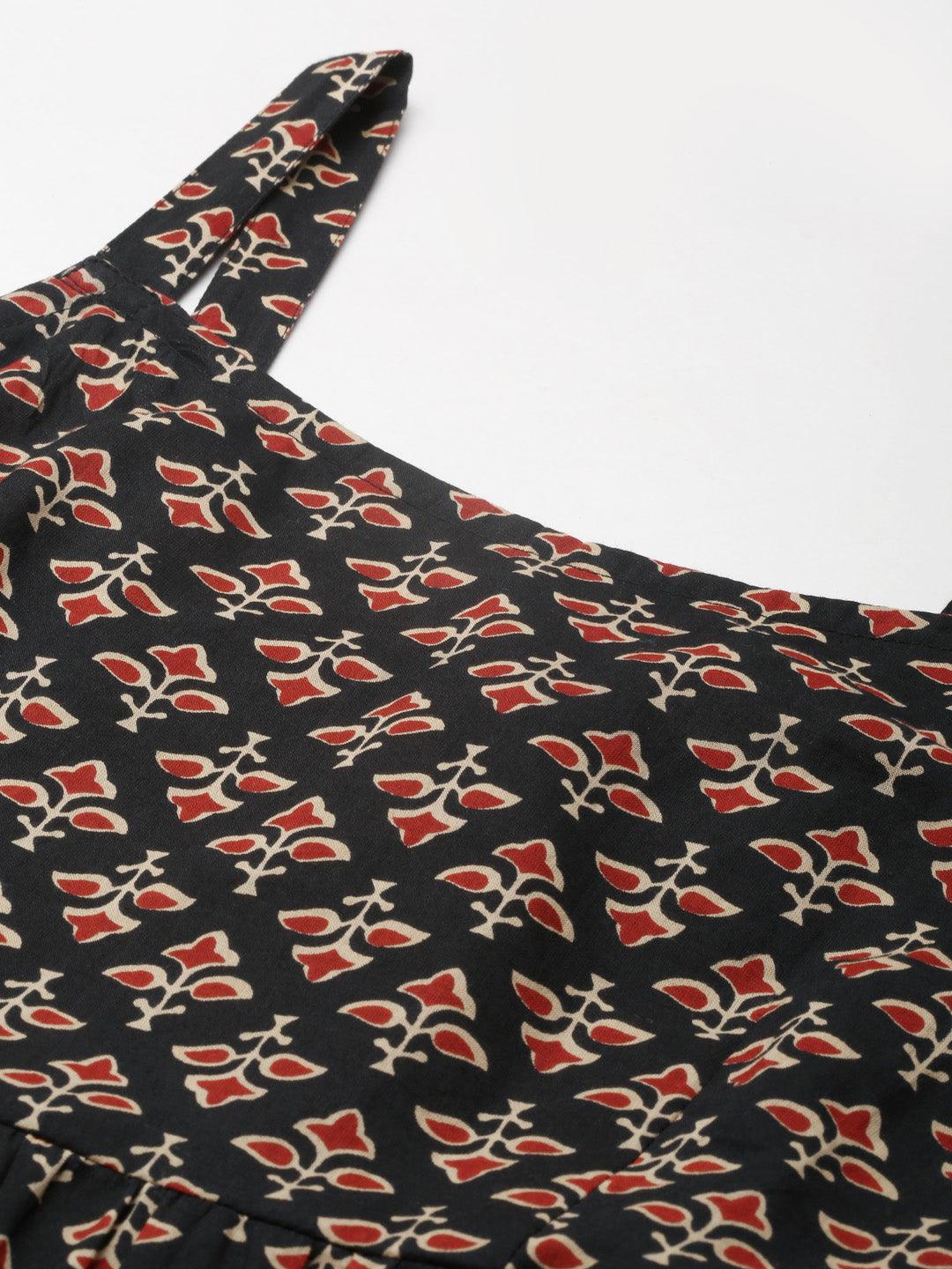 Women's Black Floral Printed Shoulder Strip Long dress