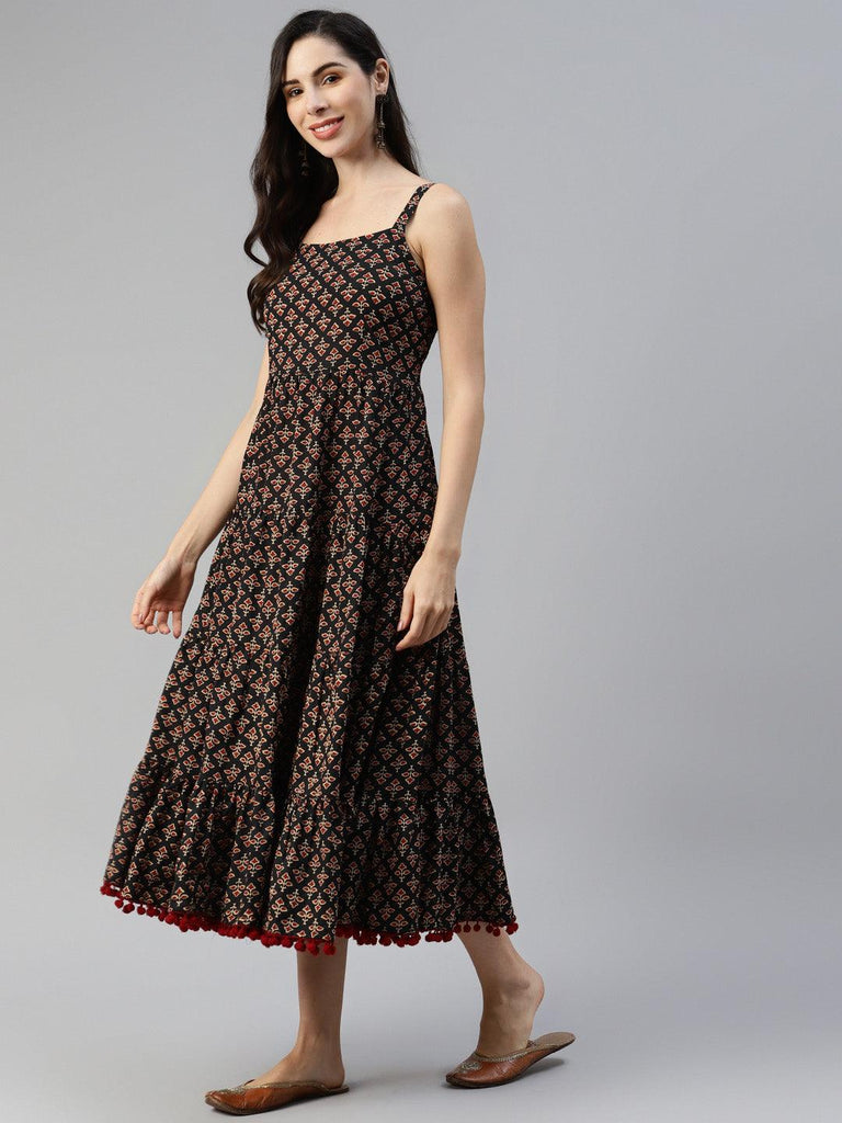 Women's Black Floral Printed Shoulder Strip Long dress