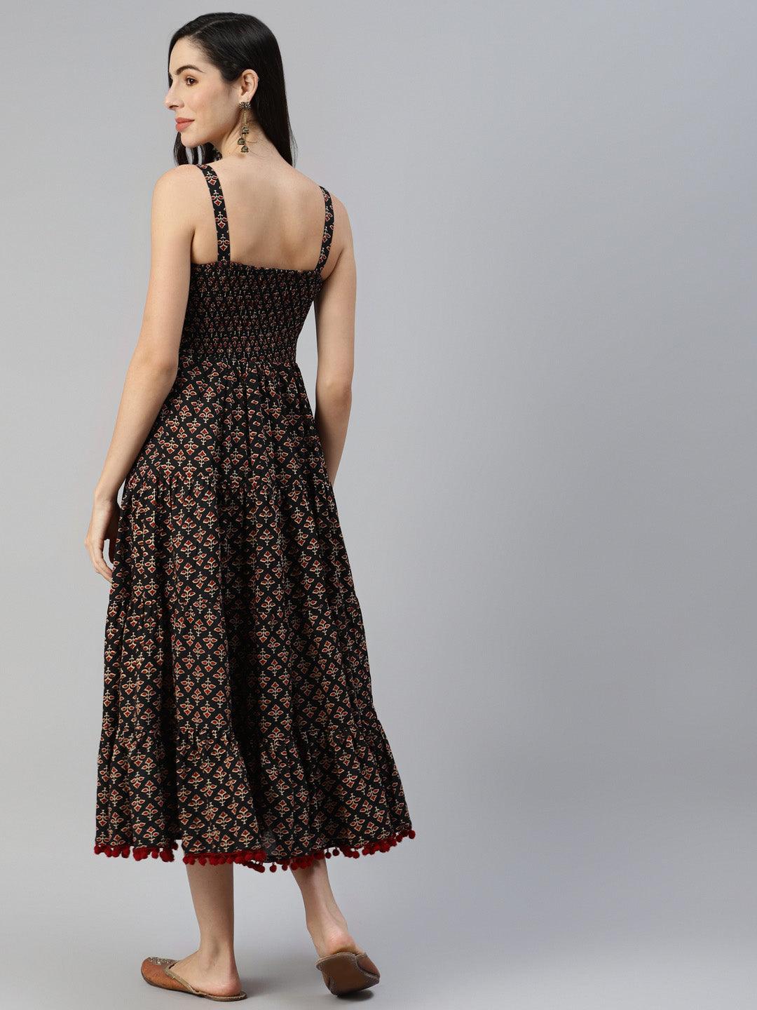 Women's Black Floral Printed Shoulder Strip Long dress - Taantav