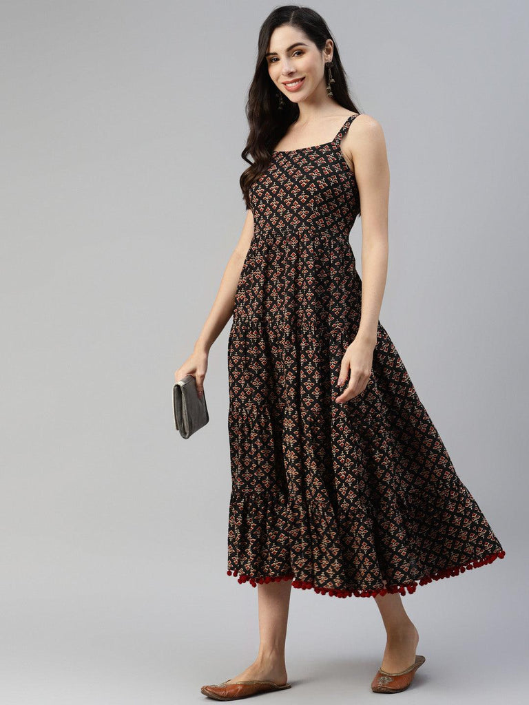 Women's Black Floral Printed Shoulder Strip Long dress