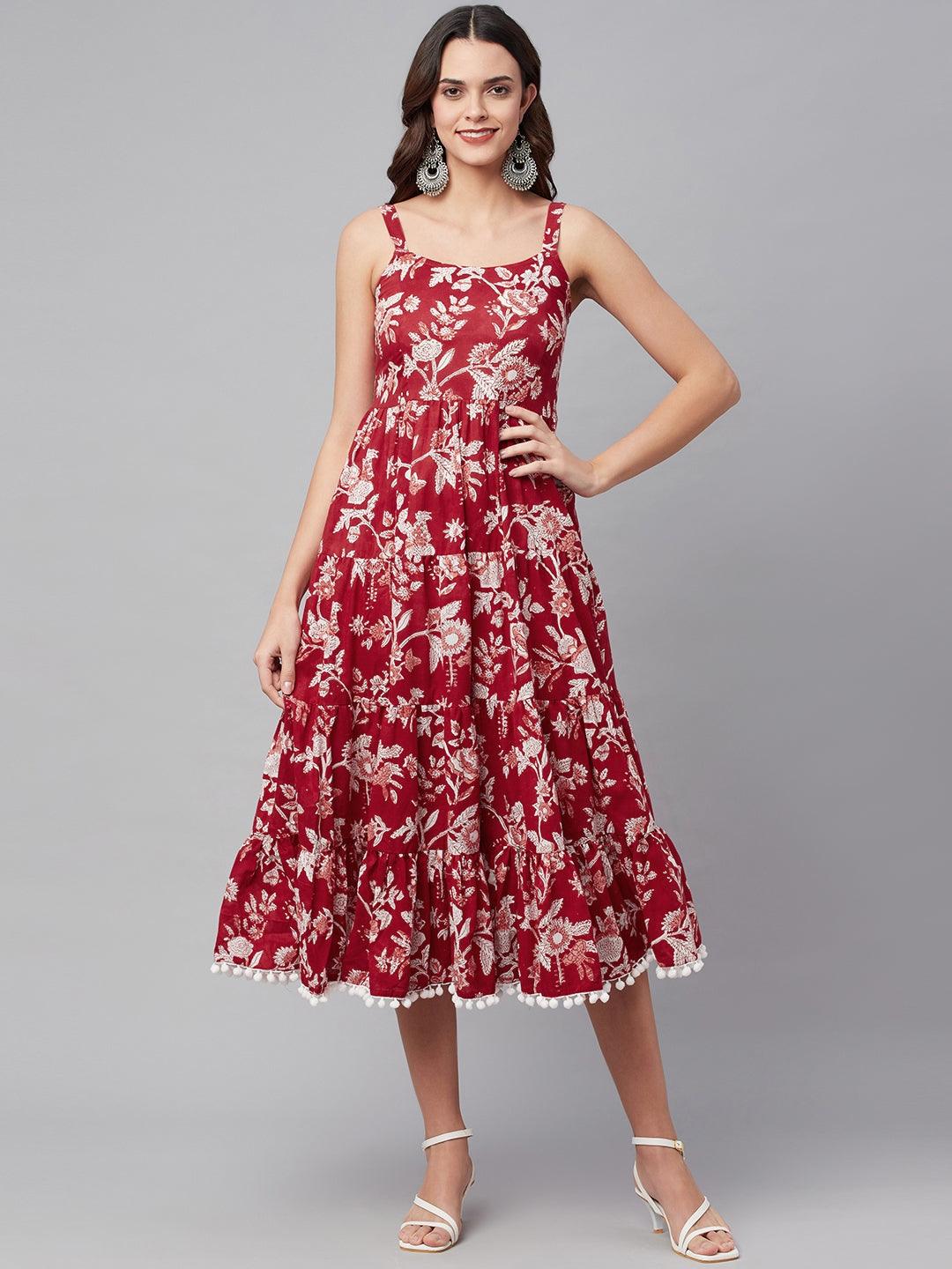 Women's Red Floral Printed Shoulder Strap Long dress - Taantav