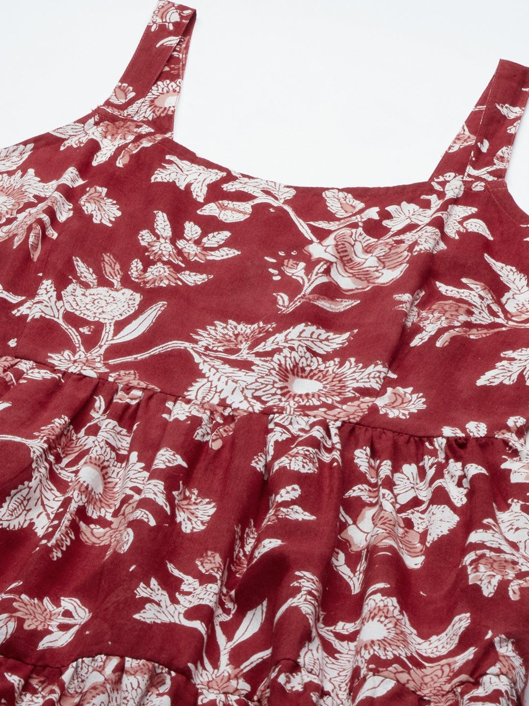 Women's Red Floral Printed Shoulder Strap Long dress