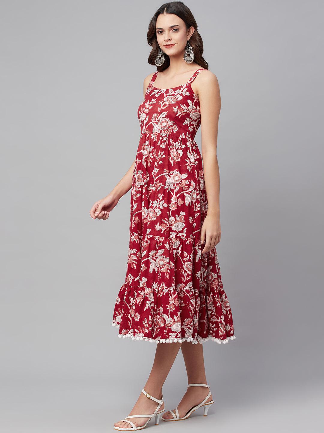 Women's Red Floral Printed Shoulder Strap Long dress - Taantav