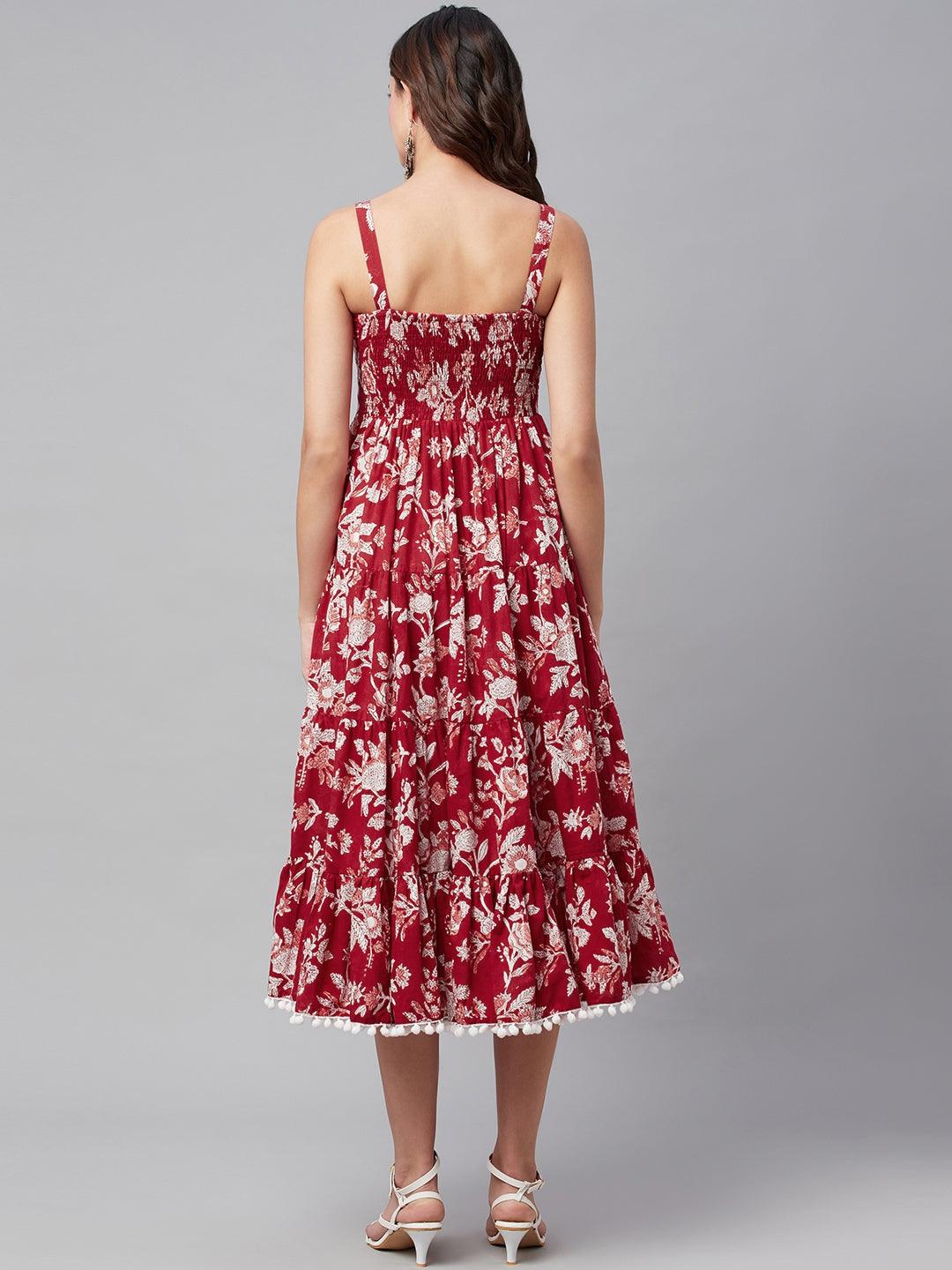 Women's Red Floral Printed Shoulder Strap Long dress - Taantav