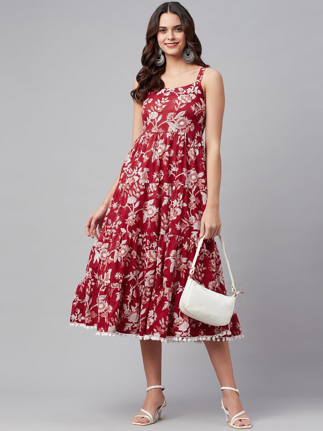 Women's Red Floral Printed Shoulder Strap Long dress - Taantav