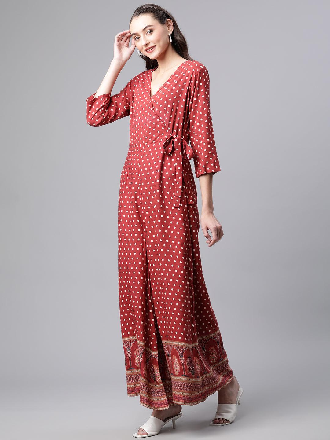 Women's Maroon Polka Dots Printed Jumpsuit - Taantav