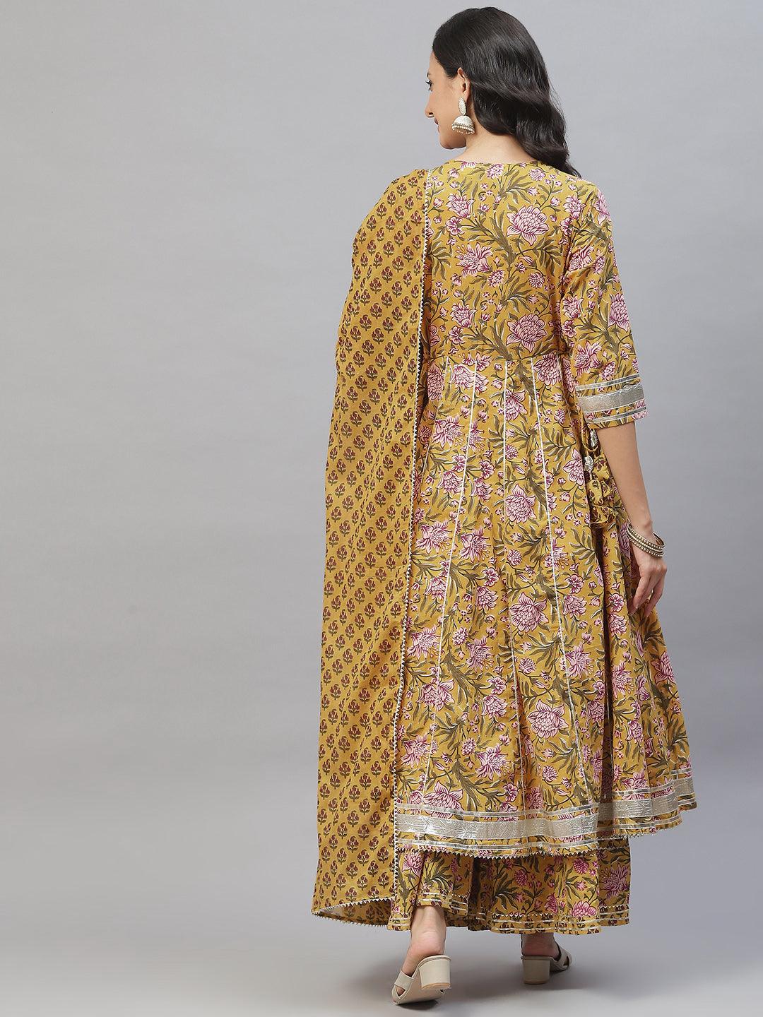 Women's Mustard Cotton Anarkali Kurta Palazzo Set With Dupatta - Taantav