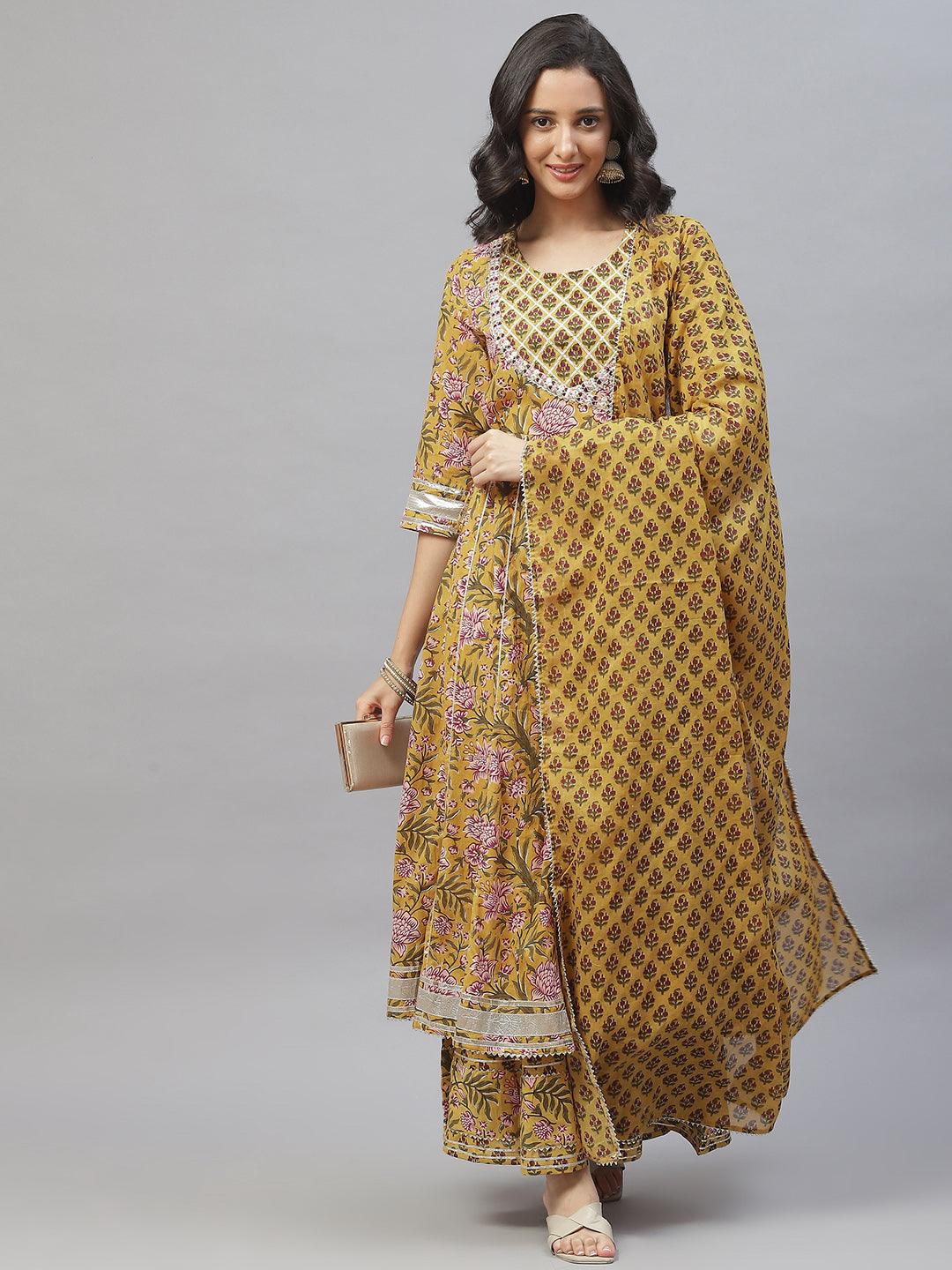 Women's Mustard Cotton Anarkali Kurta Palazzo Set With Dupatta - Taantav