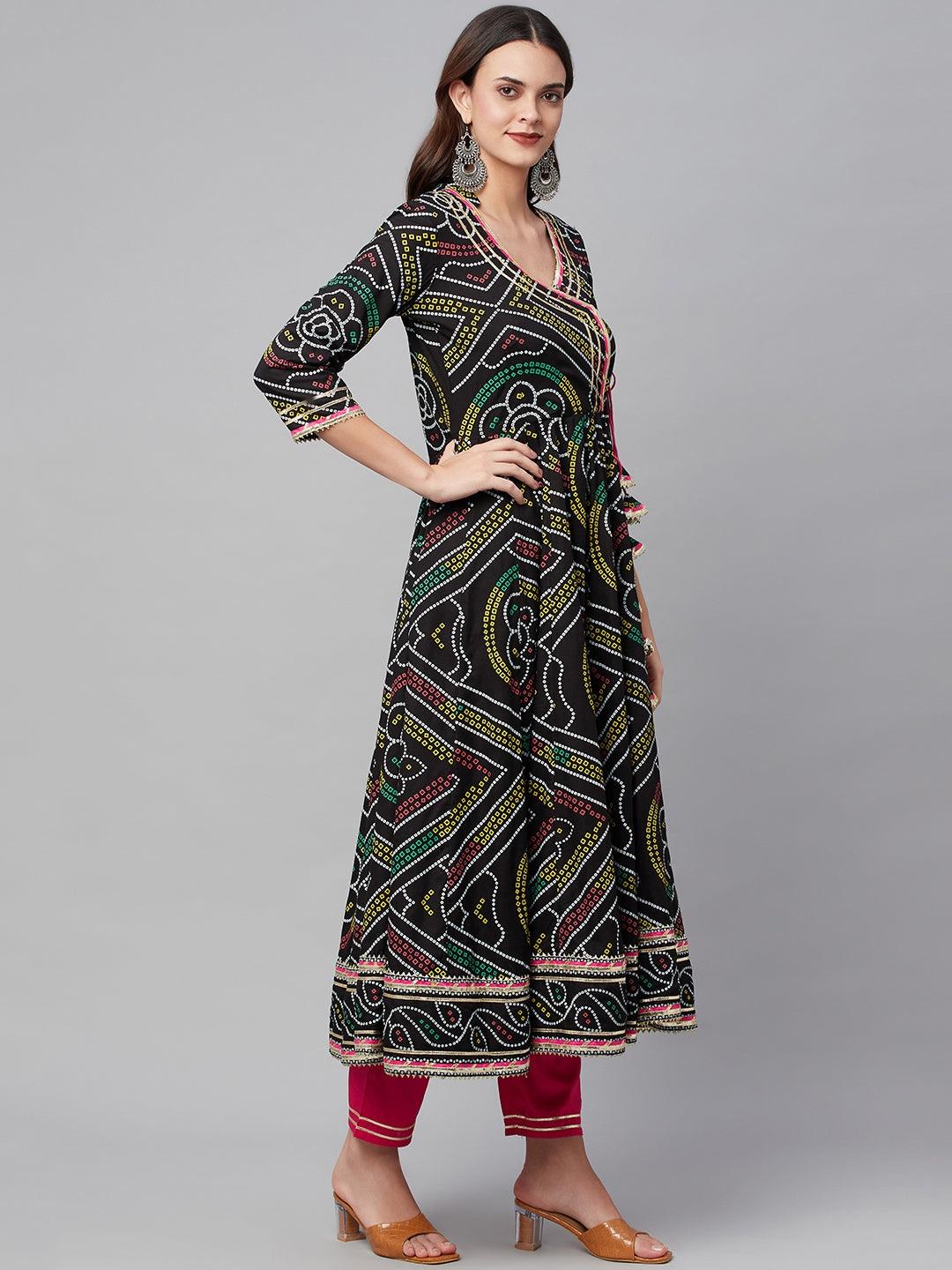 Women's Black Bandhani Print Anarkali Kurta Pant set with Dupatta - Taantav