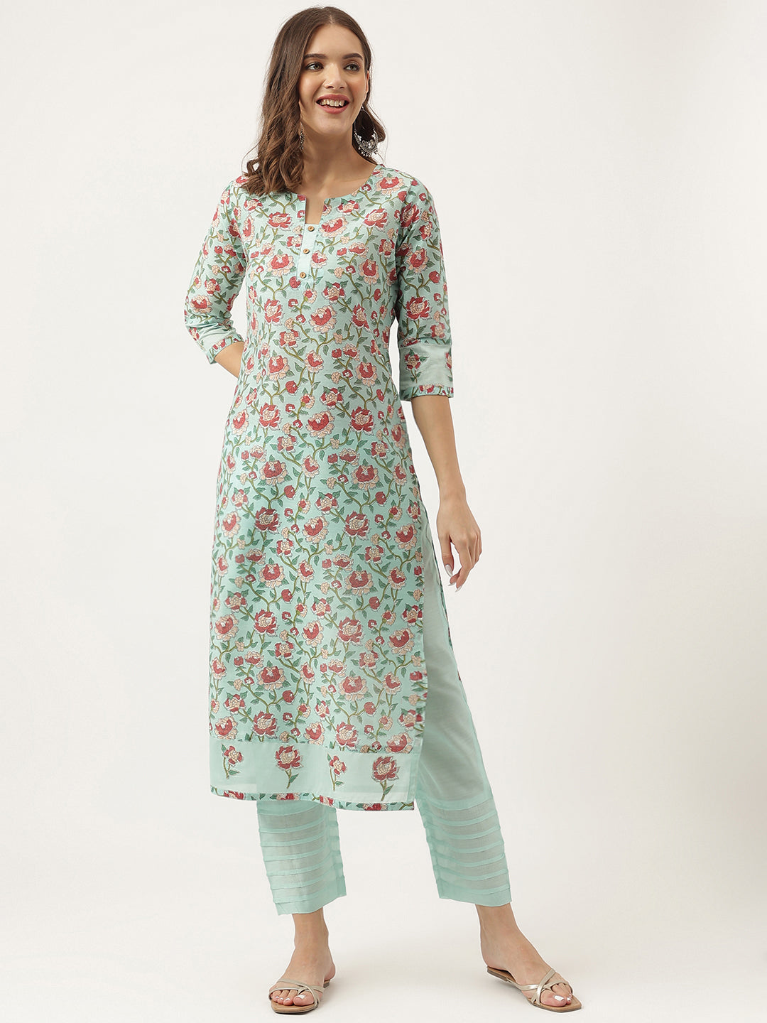 Women's Green Chanderi Floral Printed Kurta with Trouser Set - Taantav