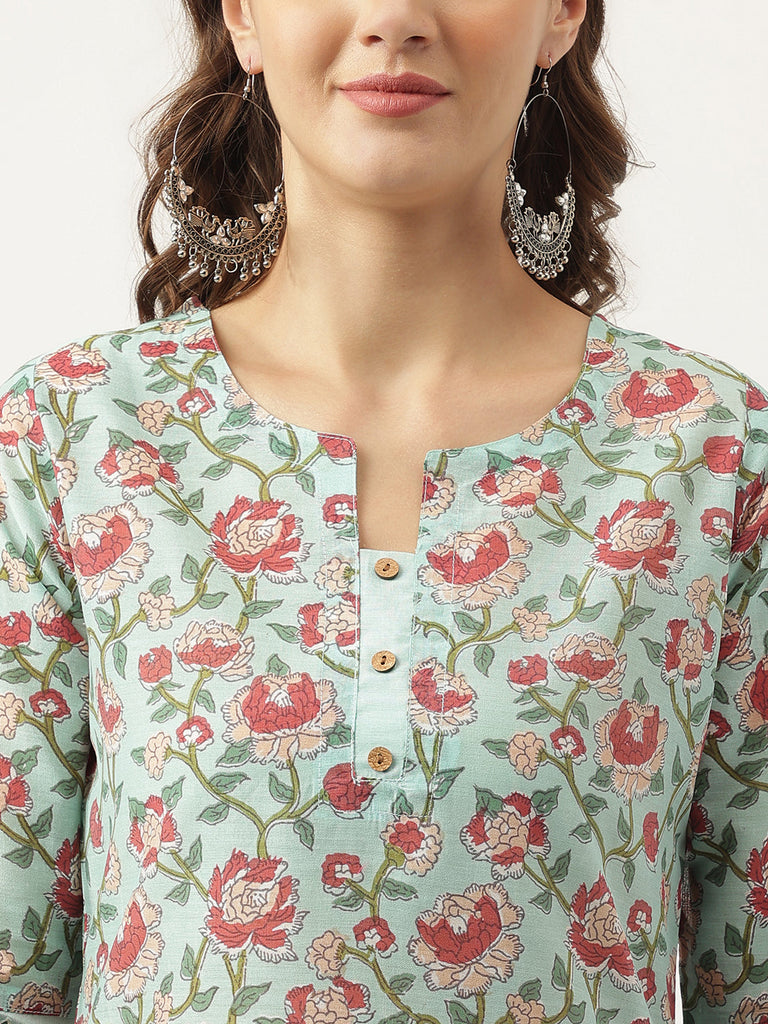 Women's Green Chanderi Floral Printed Kurta with Trouser Set