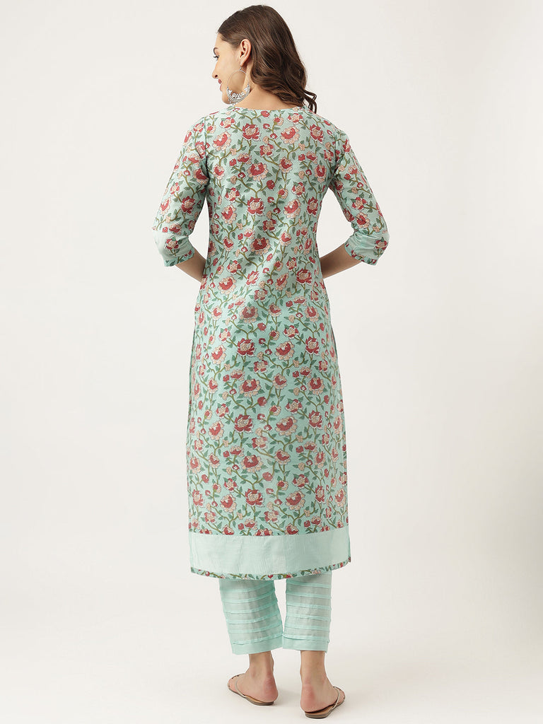 Women's Green Chanderi Floral Printed Kurta with Trouser Set
