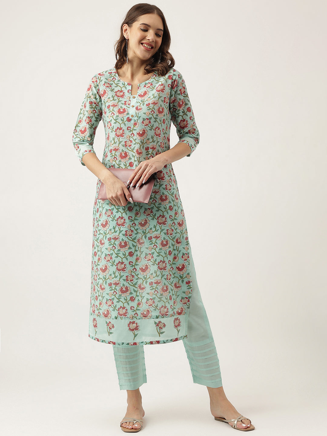 Women's Green Chanderi Floral Printed Kurta with Trouser Set - Taantav