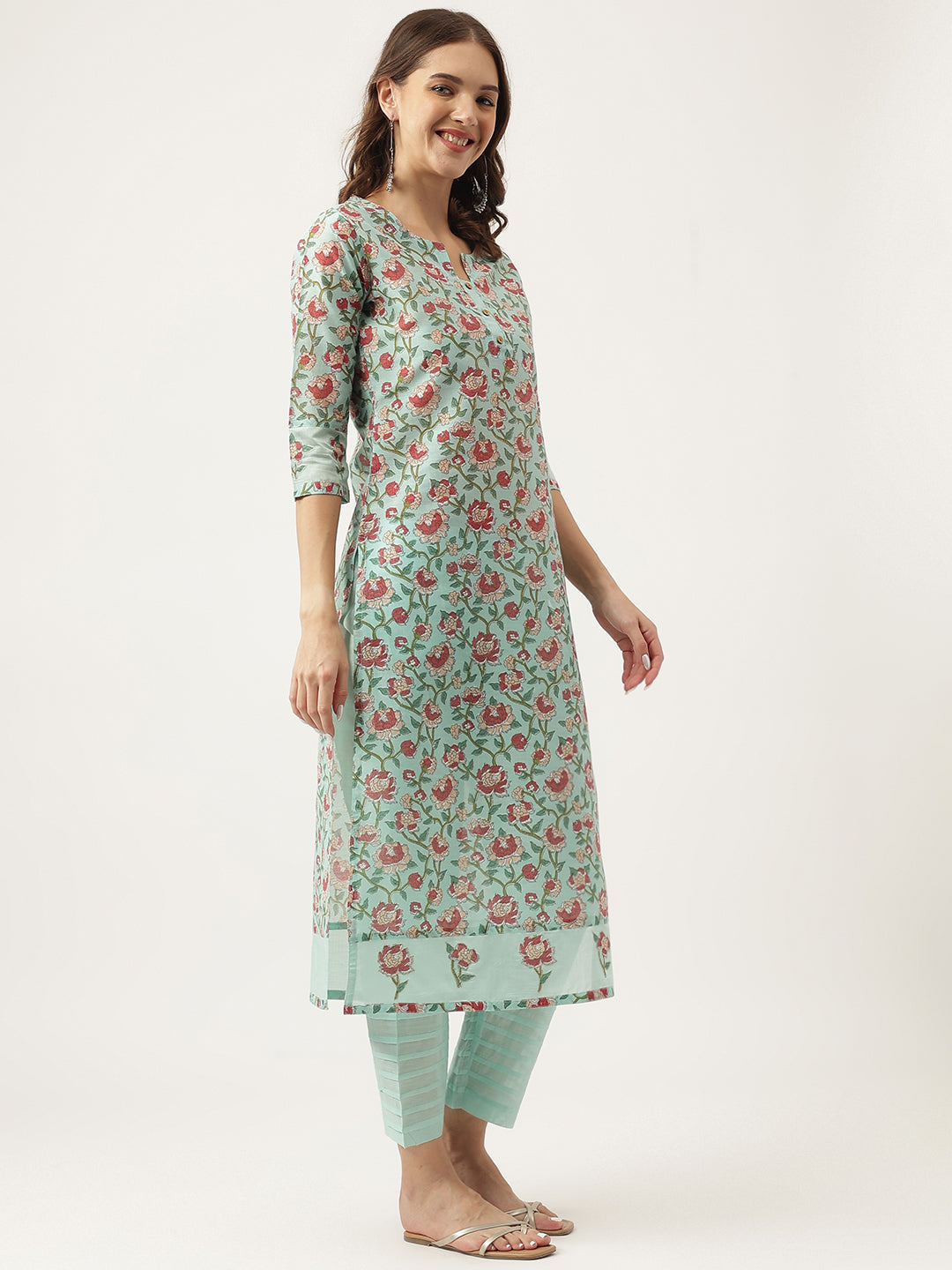 Women's Green Chanderi Floral Printed Kurta with Trouser Set - Taantav