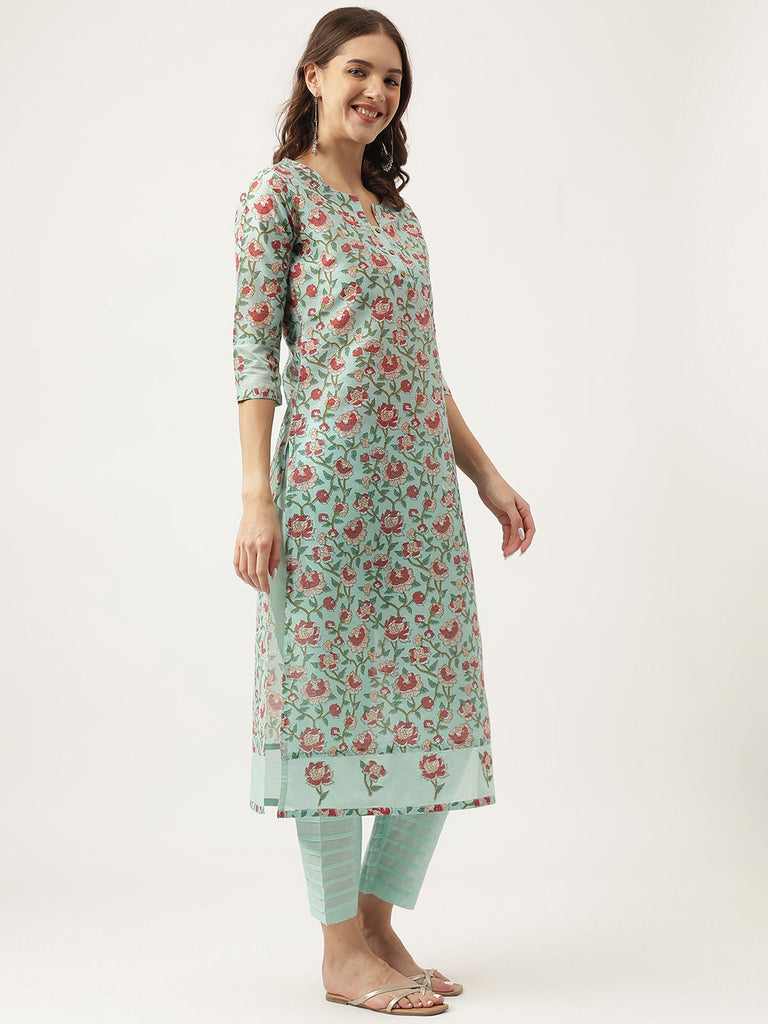 Women's Green Chanderi Floral Printed Kurta with Trouser Set