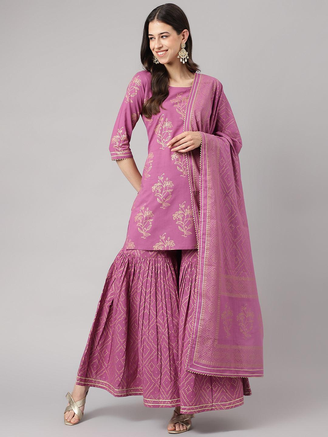 Women's Purple Foil Print Cotton Sharara Set with Dupatta - Taantav