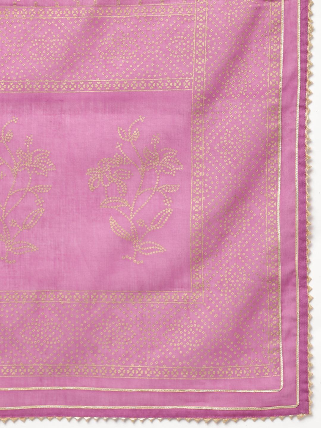 Women's Purple Foil Print Cotton Sharara Set with Dupatta - Taantav