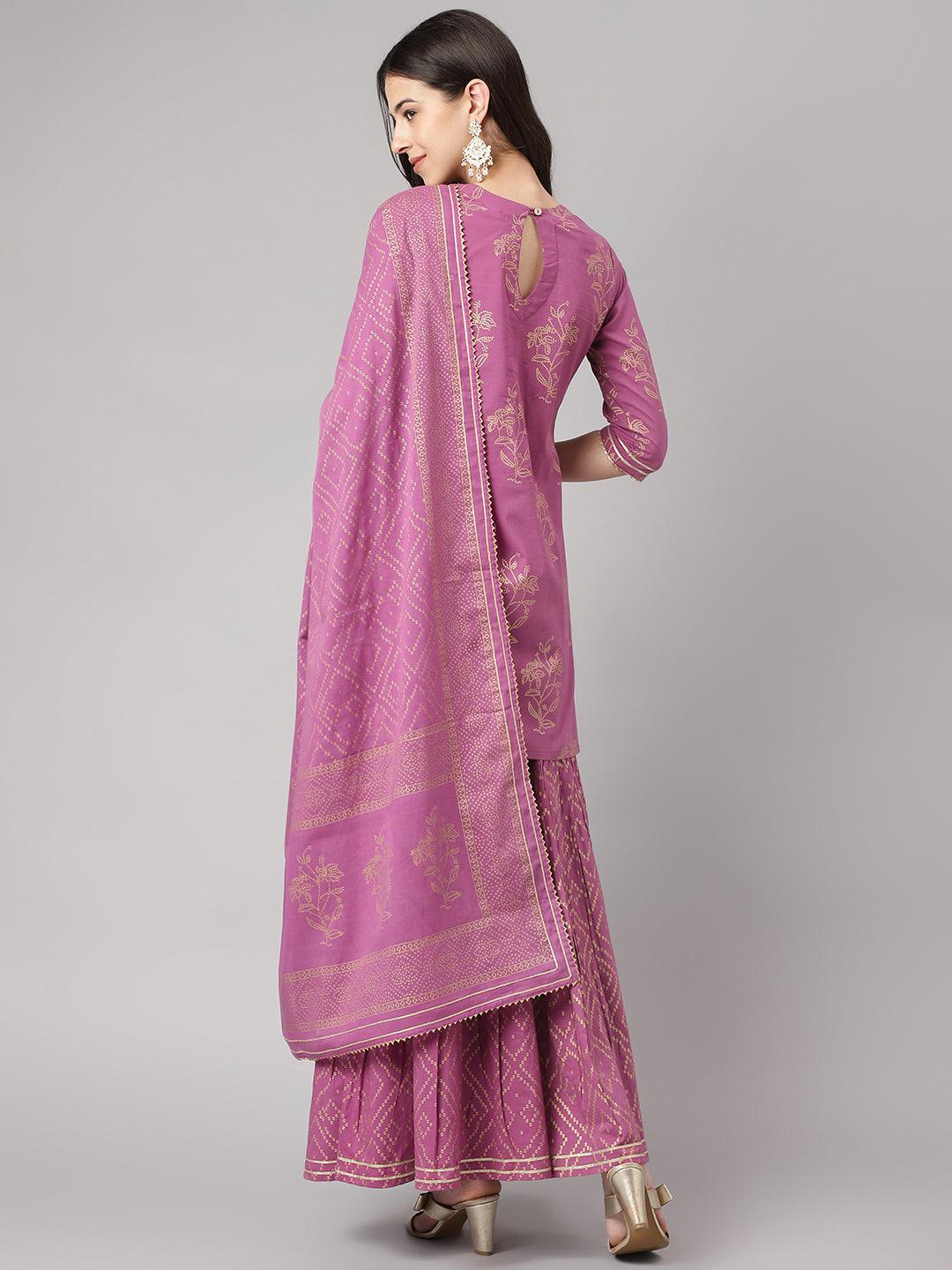 Women's Purple Foil Print Cotton Sharara Set with Dupatta - Taantav