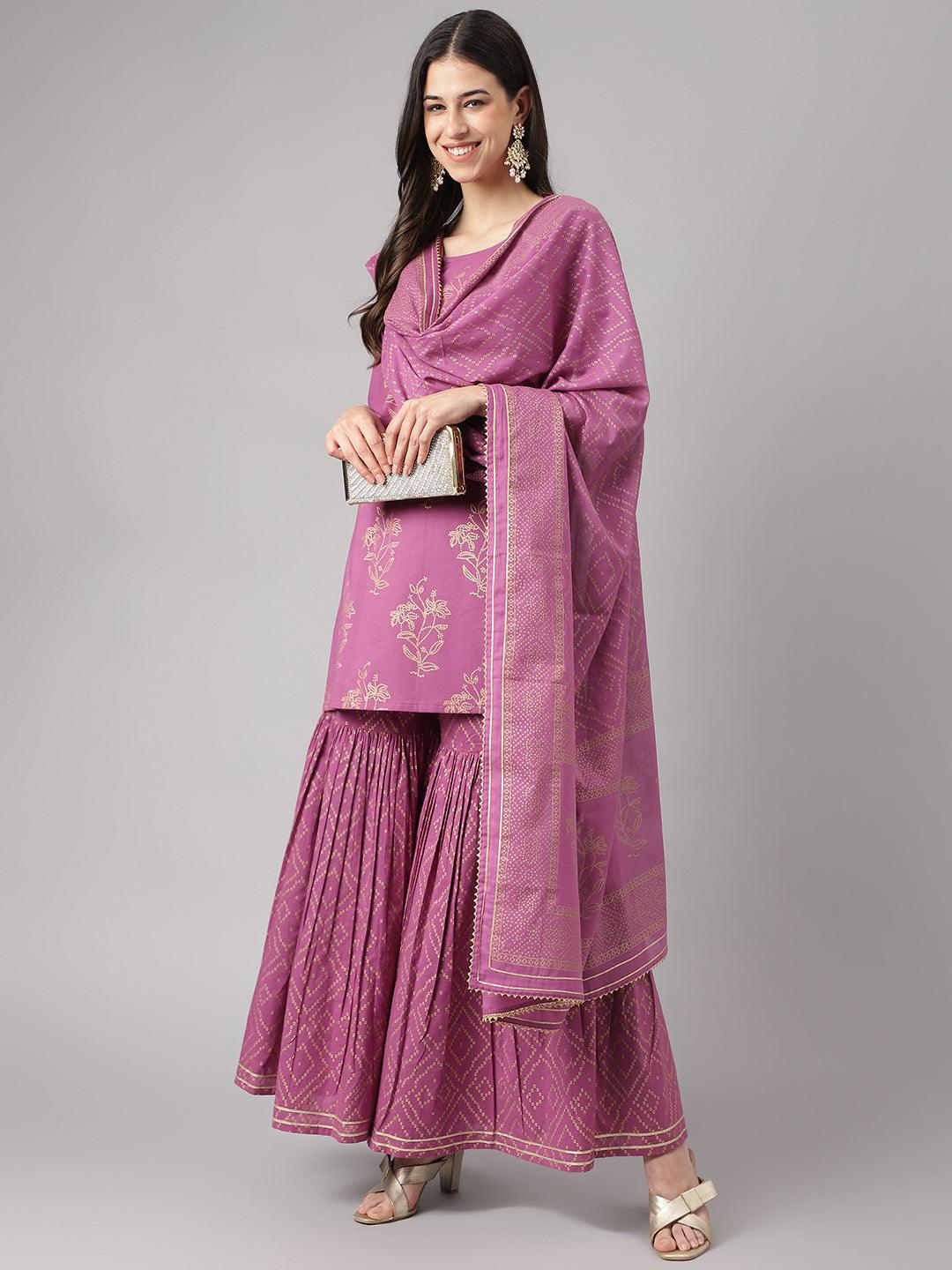 Women's Purple Foil Print Cotton Sharara Set with Dupatta - Taantav