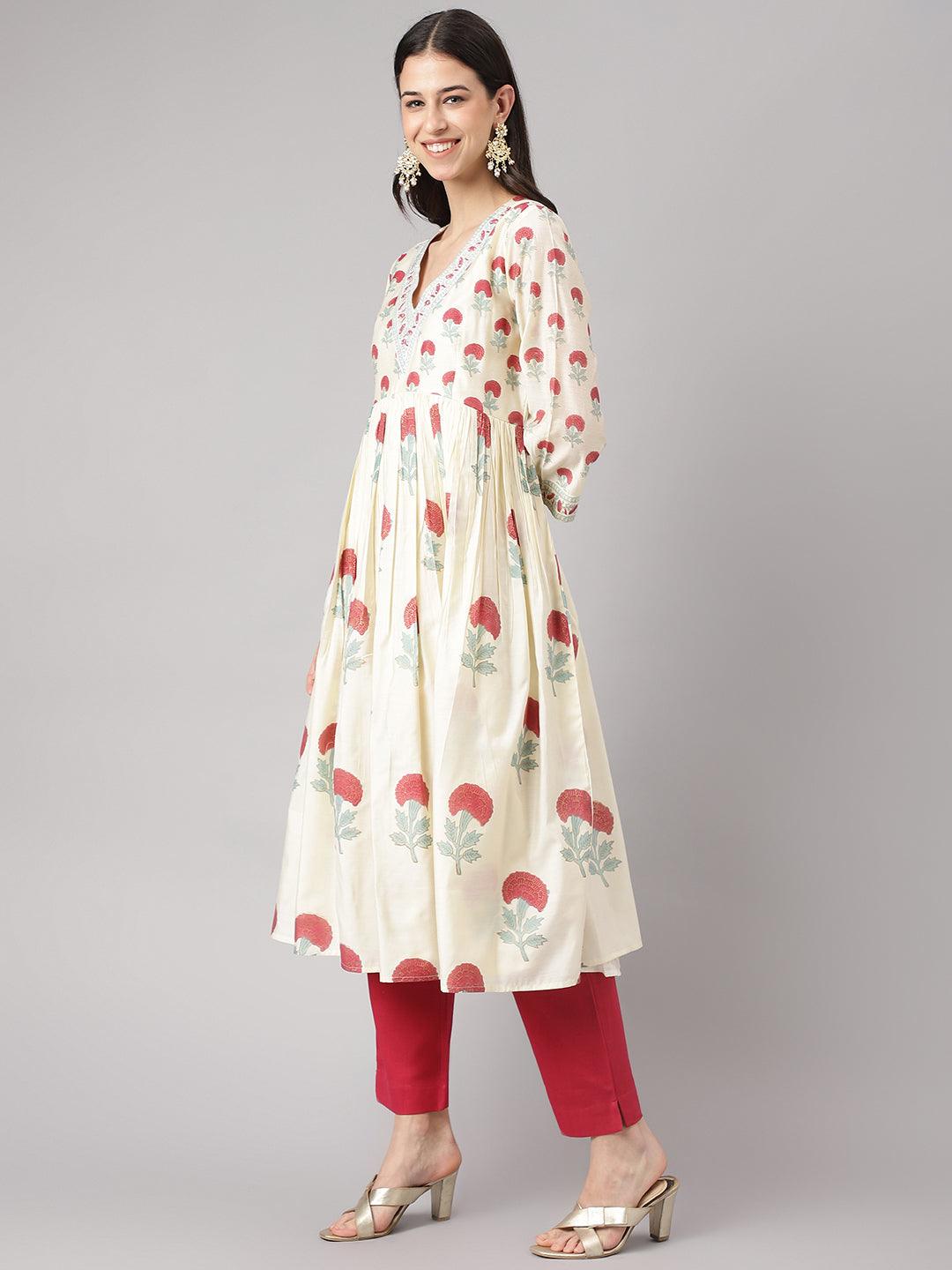 Women's Cream Chanderi Floral Anarkali Kurta Pant Set with Dupatta - Taantav