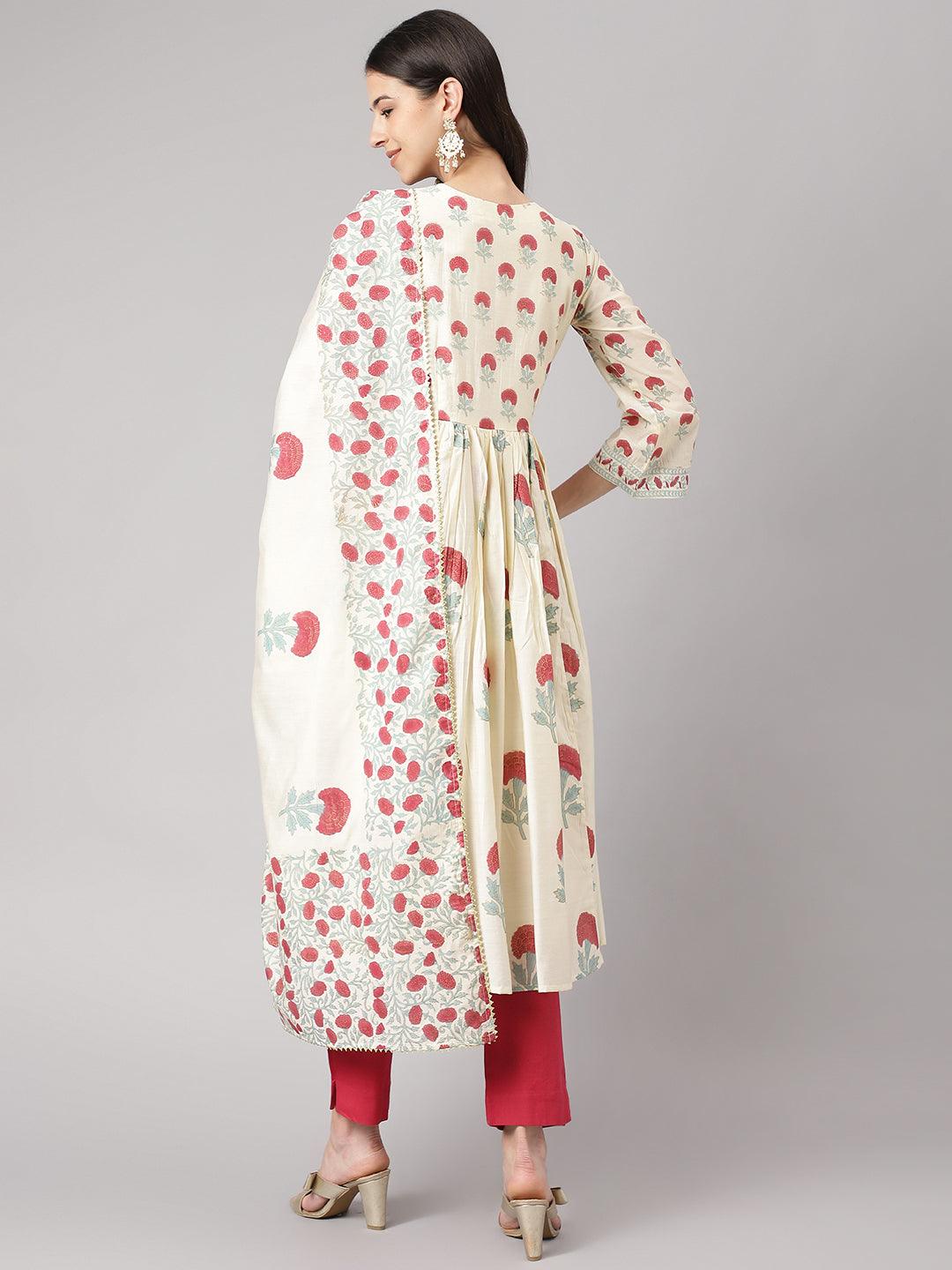 Women's Cream Chanderi Floral Anarkali Kurta Pant Set with Dupatta - Taantav