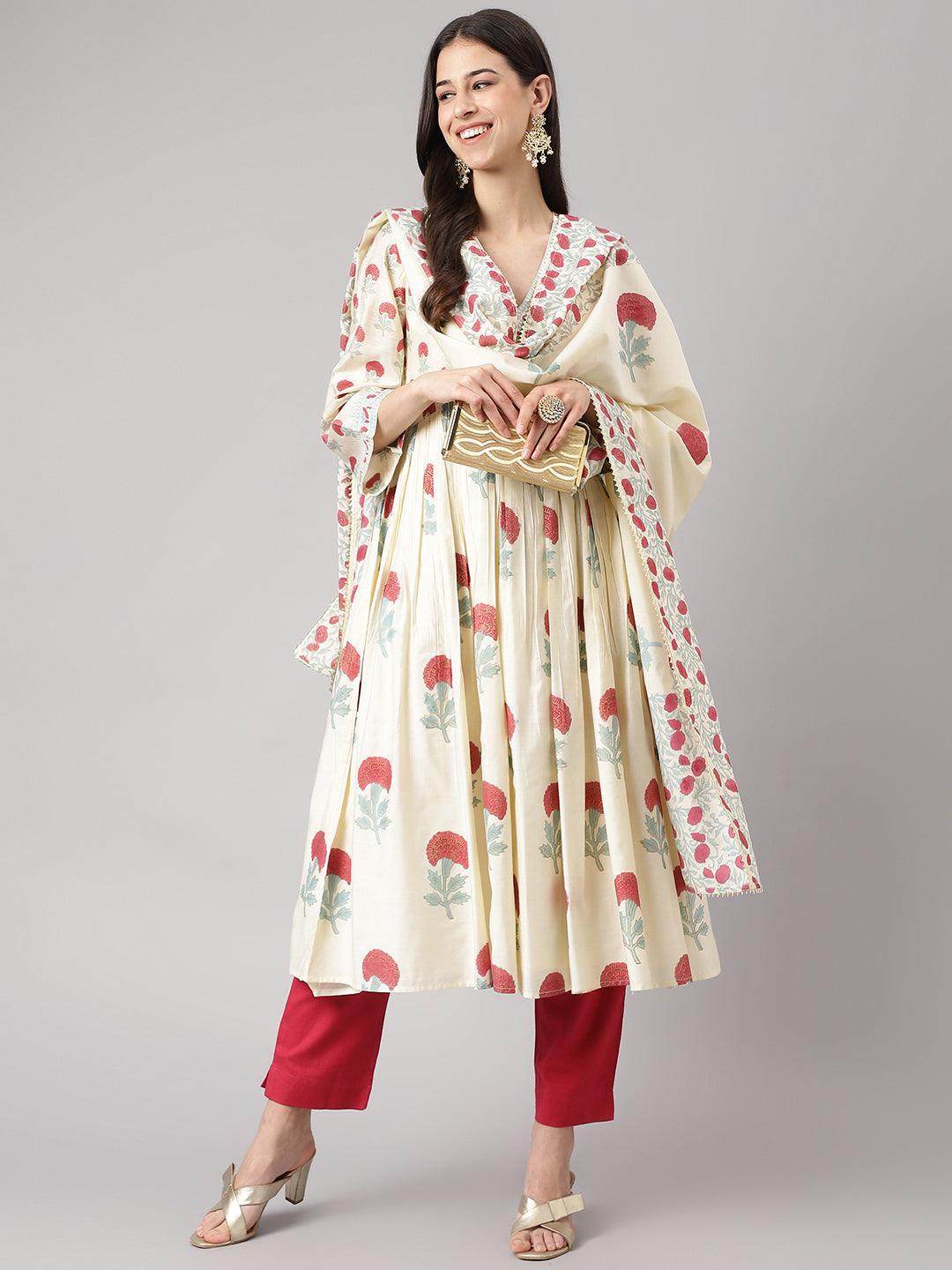 Women's Cream Chanderi Floral Anarkali Kurta Pant Set with Dupatta - Taantav