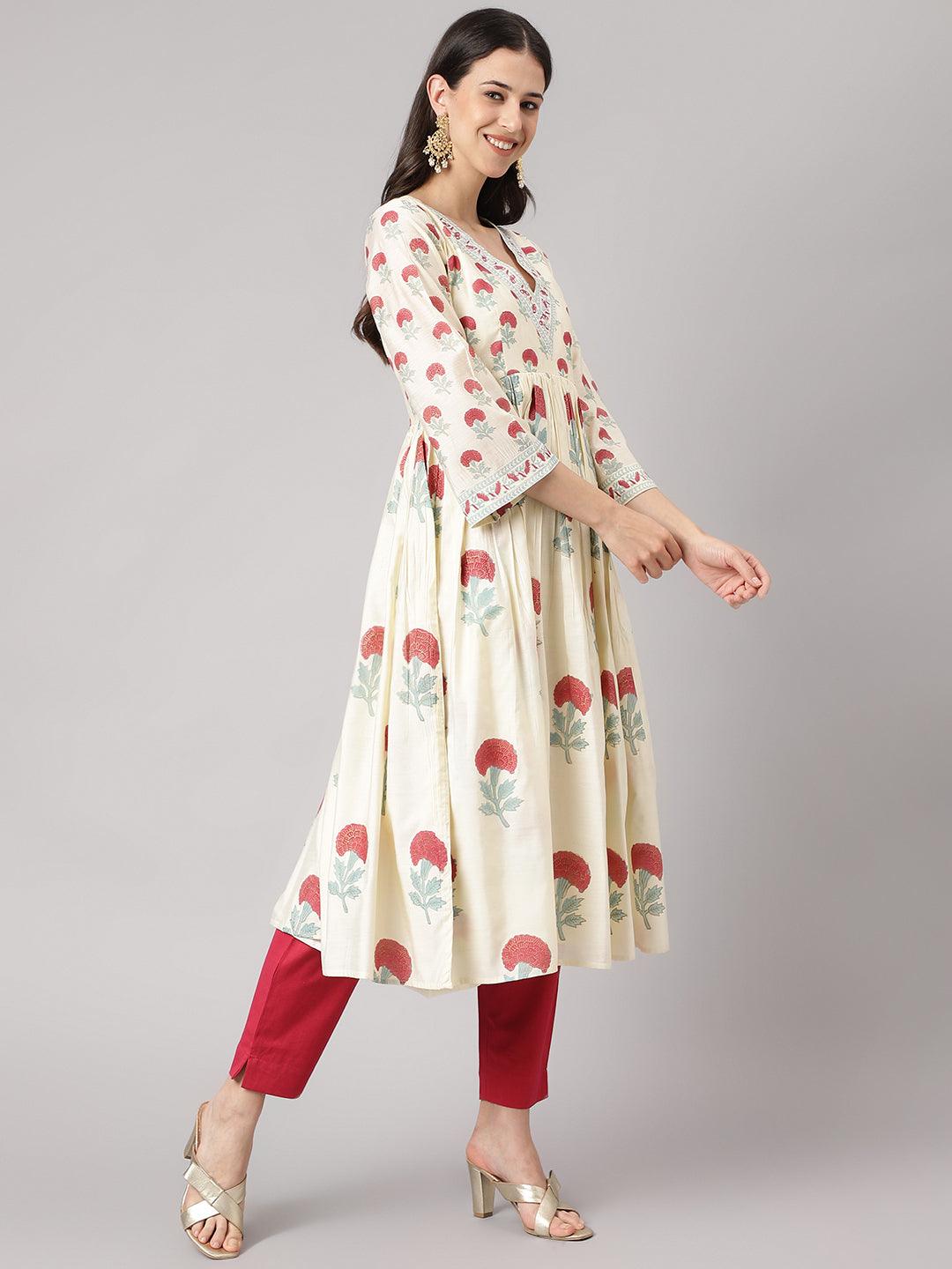 Women's Cream Chanderi Floral Anarkali Kurta Pant Set with Dupatta - Taantav