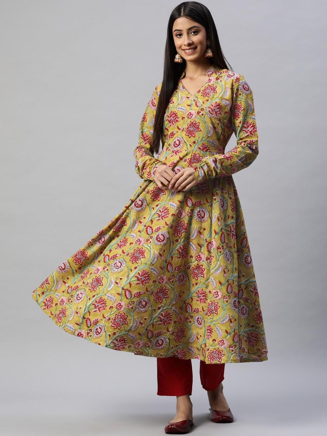 Women's Mahendi Cotton Hand Block Printed Anarkali Kurta - Taantav