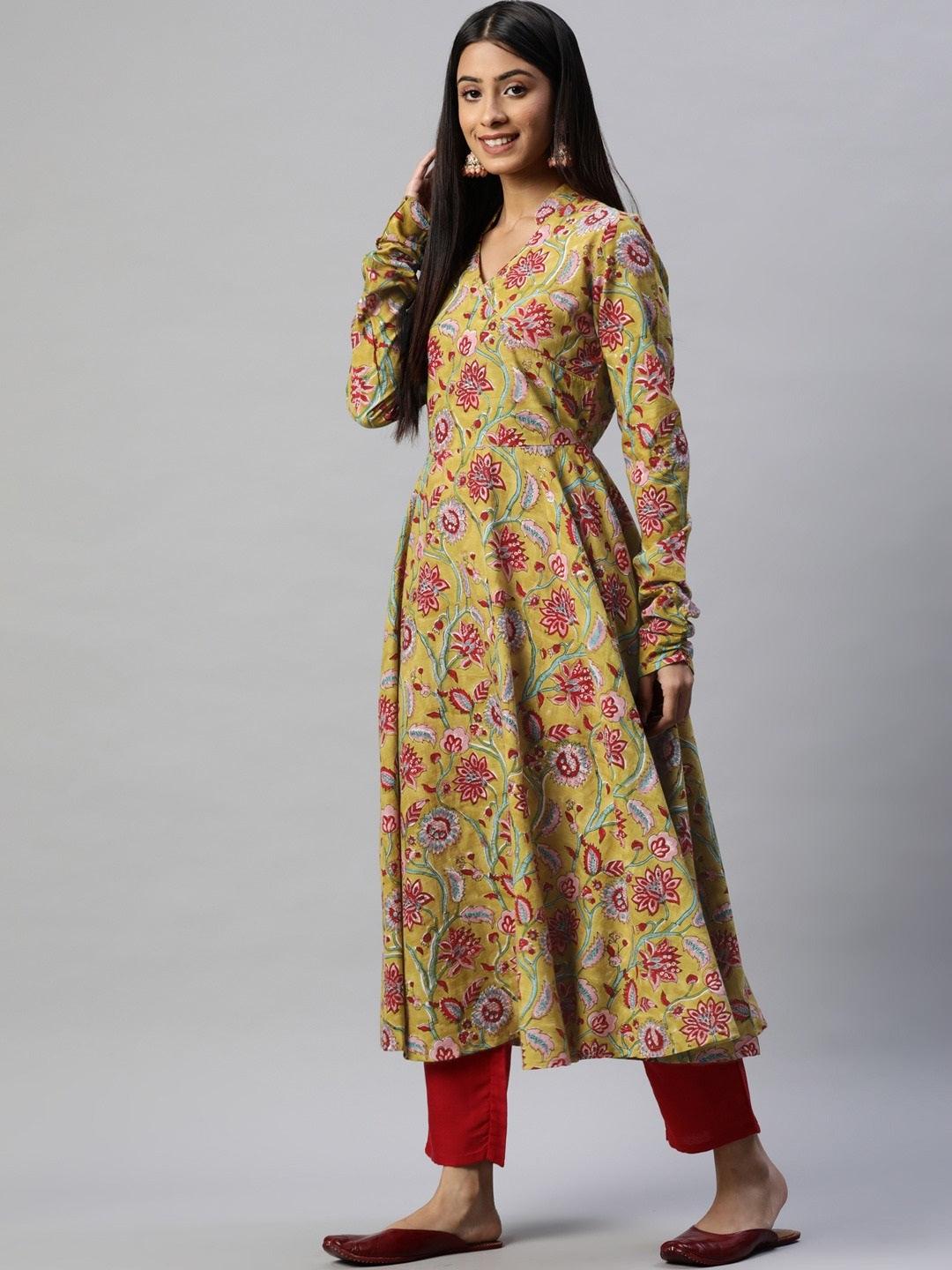 Women's Mahendi Cotton Hand Block Printed Anarkali Kurta - Taantav