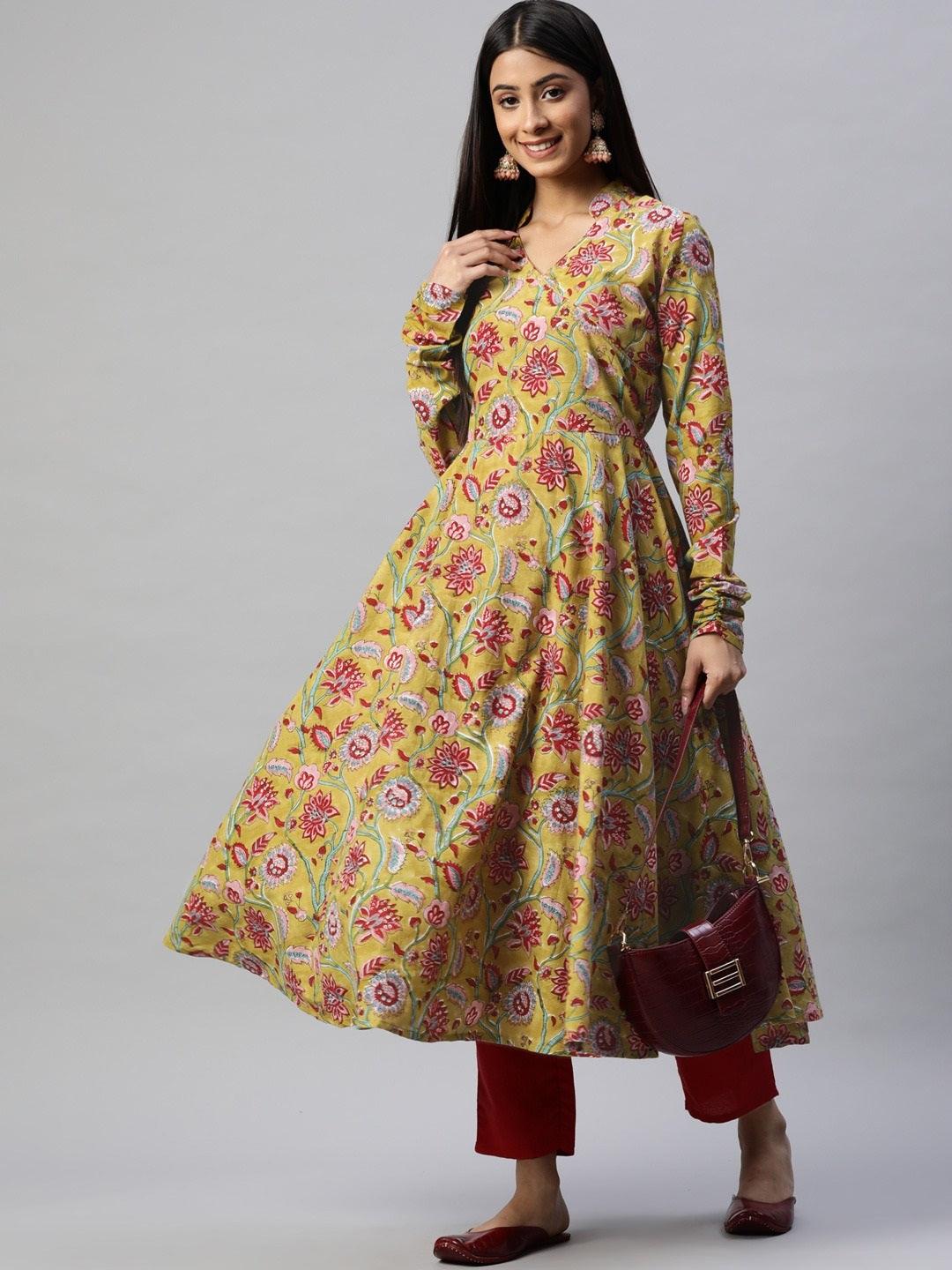 Women's Mahendi Cotton Hand Block Printed Anarkali Kurta - Taantav