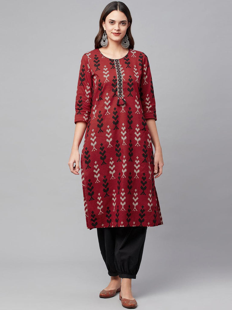 Women's Maroon Cotton Straight Kurta Hem Cuffed Pant set