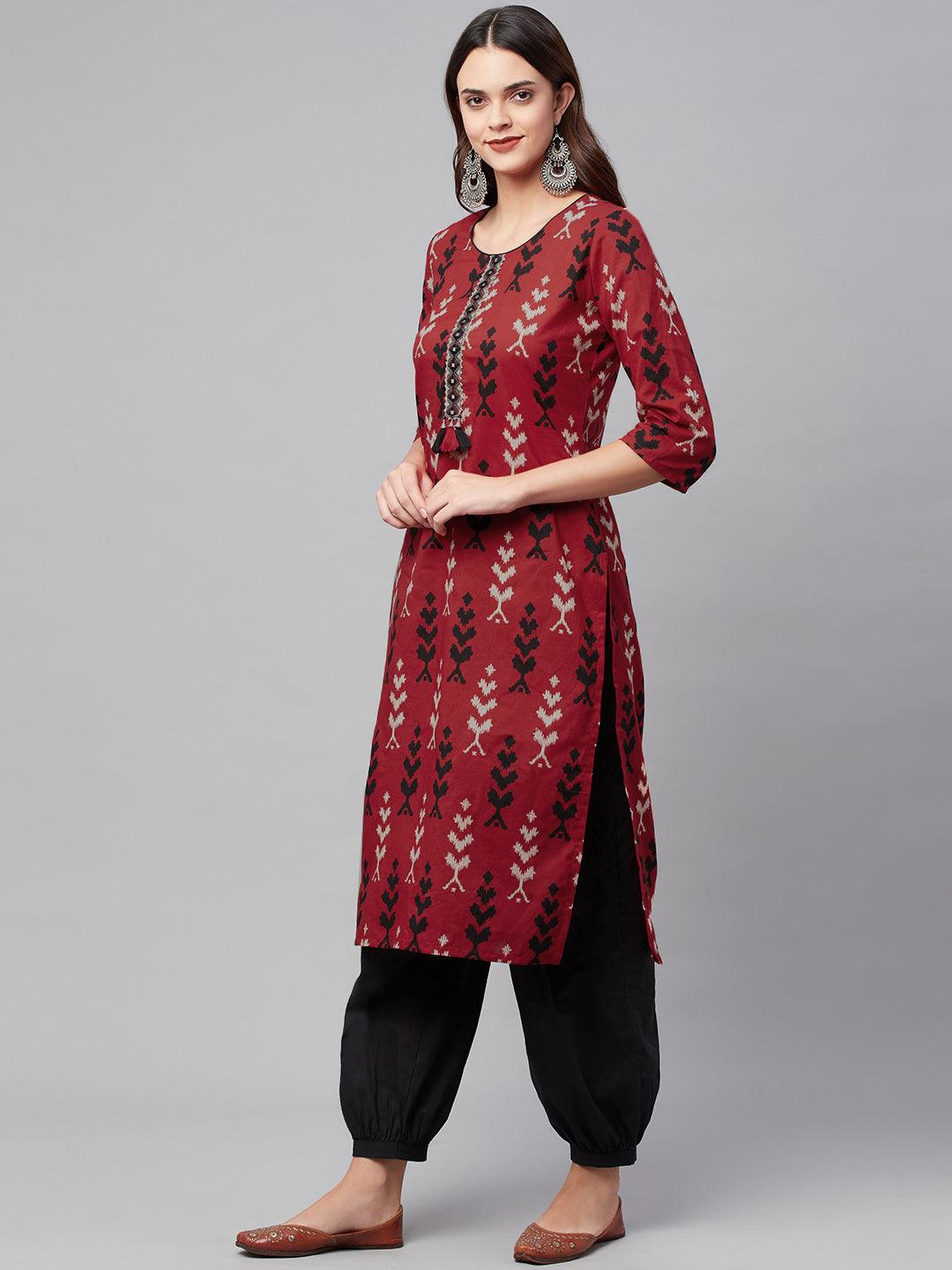 Women's Maroon Cotton Straight Kurta Hem Cuffed Pant set - Taantav