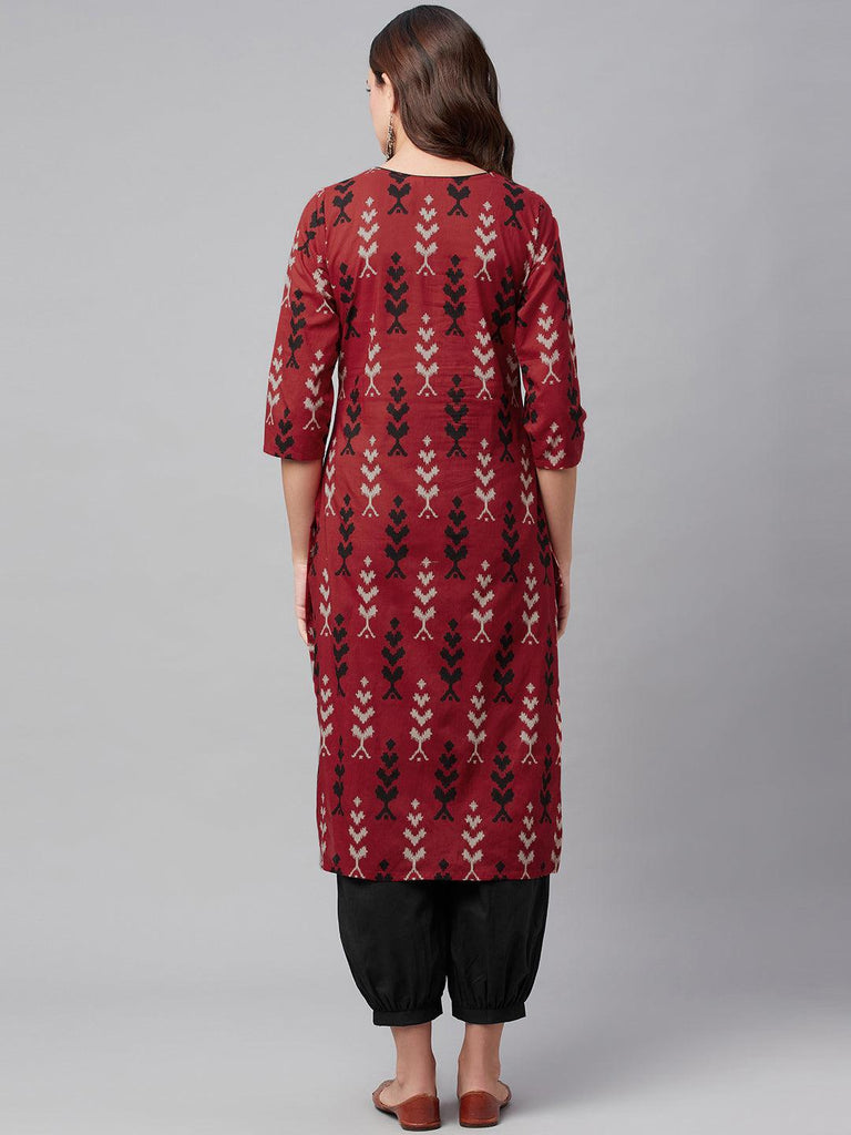 Women's Maroon Cotton Straight Kurta Hem Cuffed Pant set