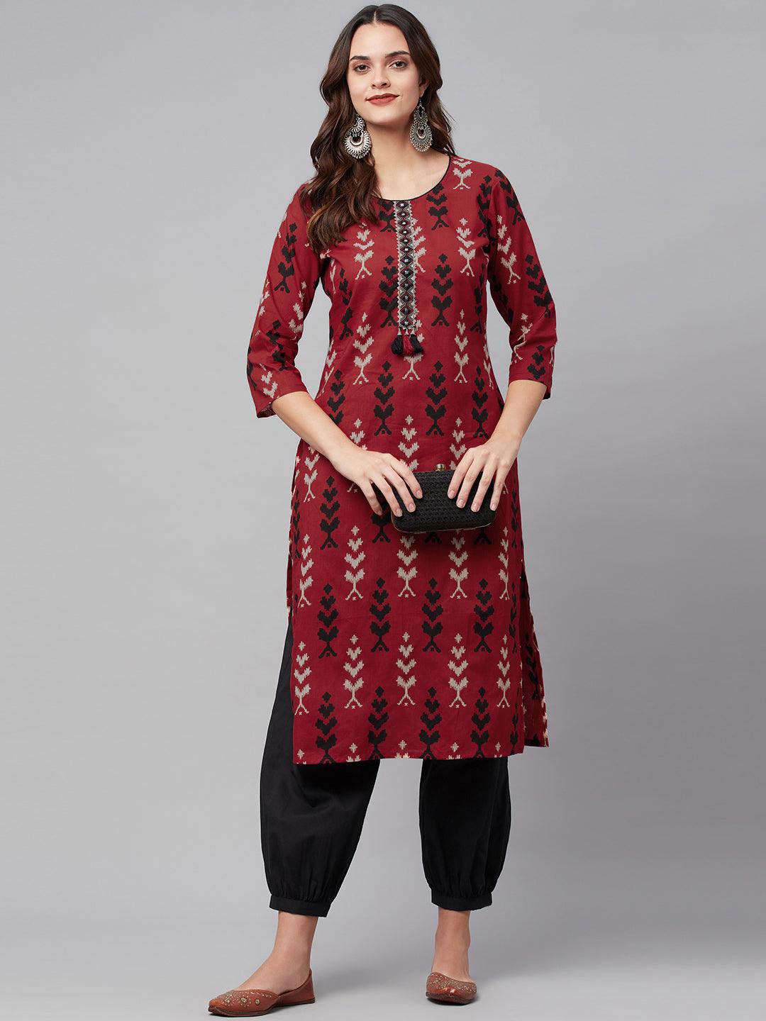 Women's Maroon Cotton Straight Kurta Hem Cuffed Pant set - Taantav