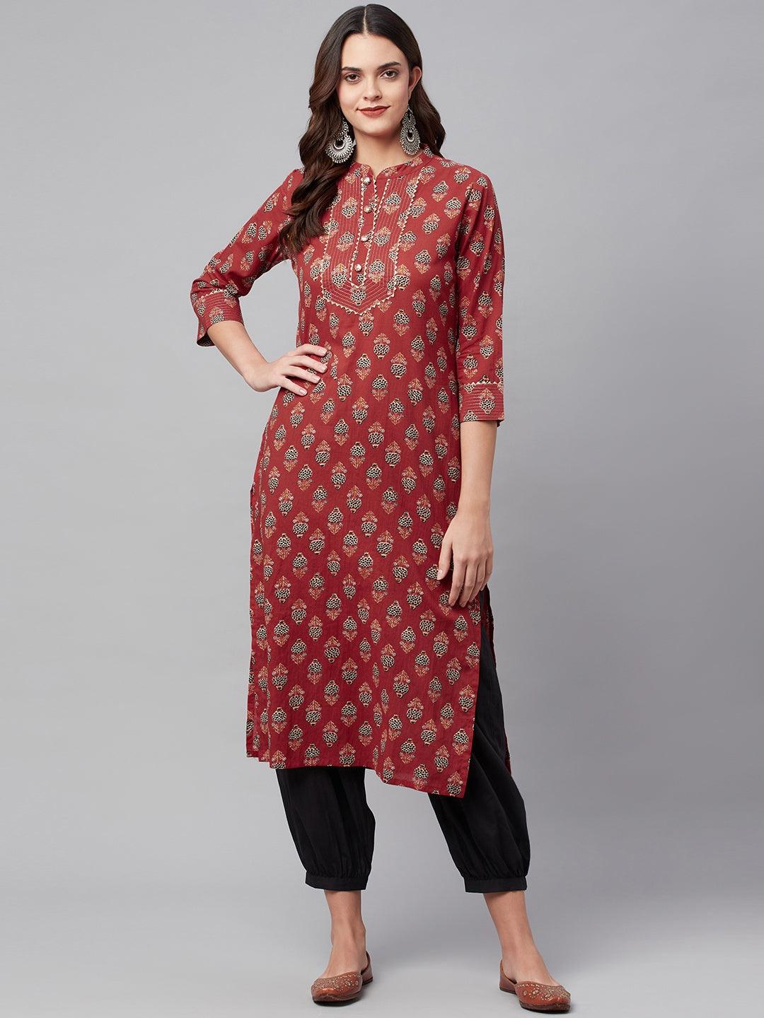 Women's Red Ethnic Cotton Straight Kurta - Taantav