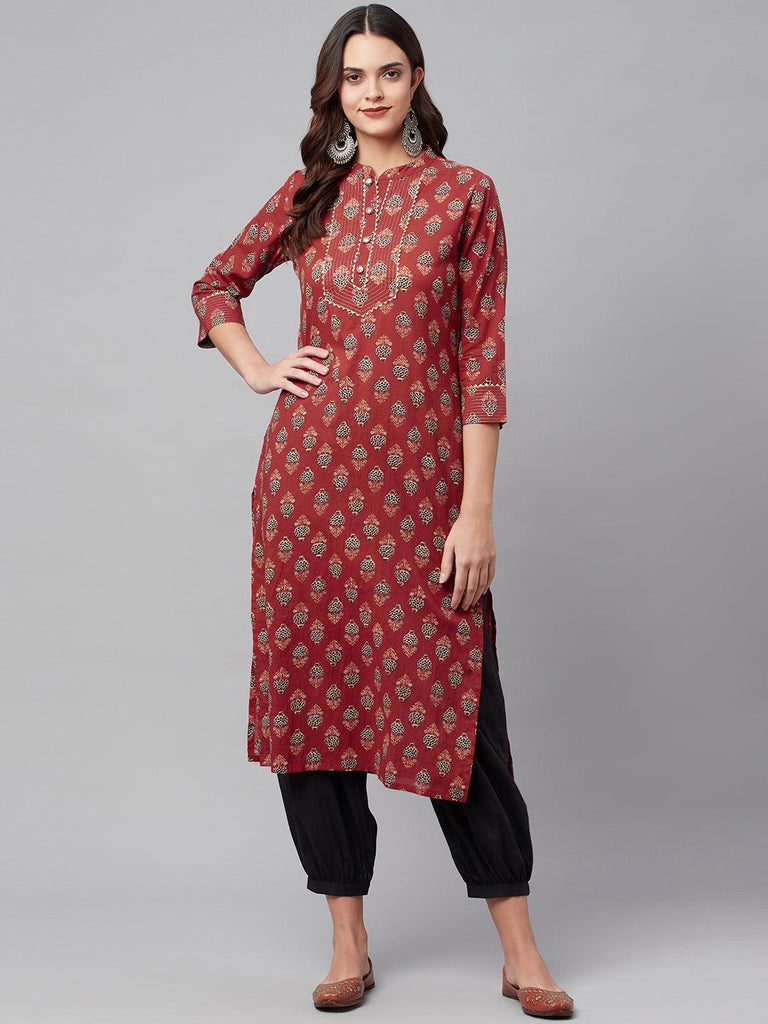 Women's Red Ethnic Cotton Straight Kurta