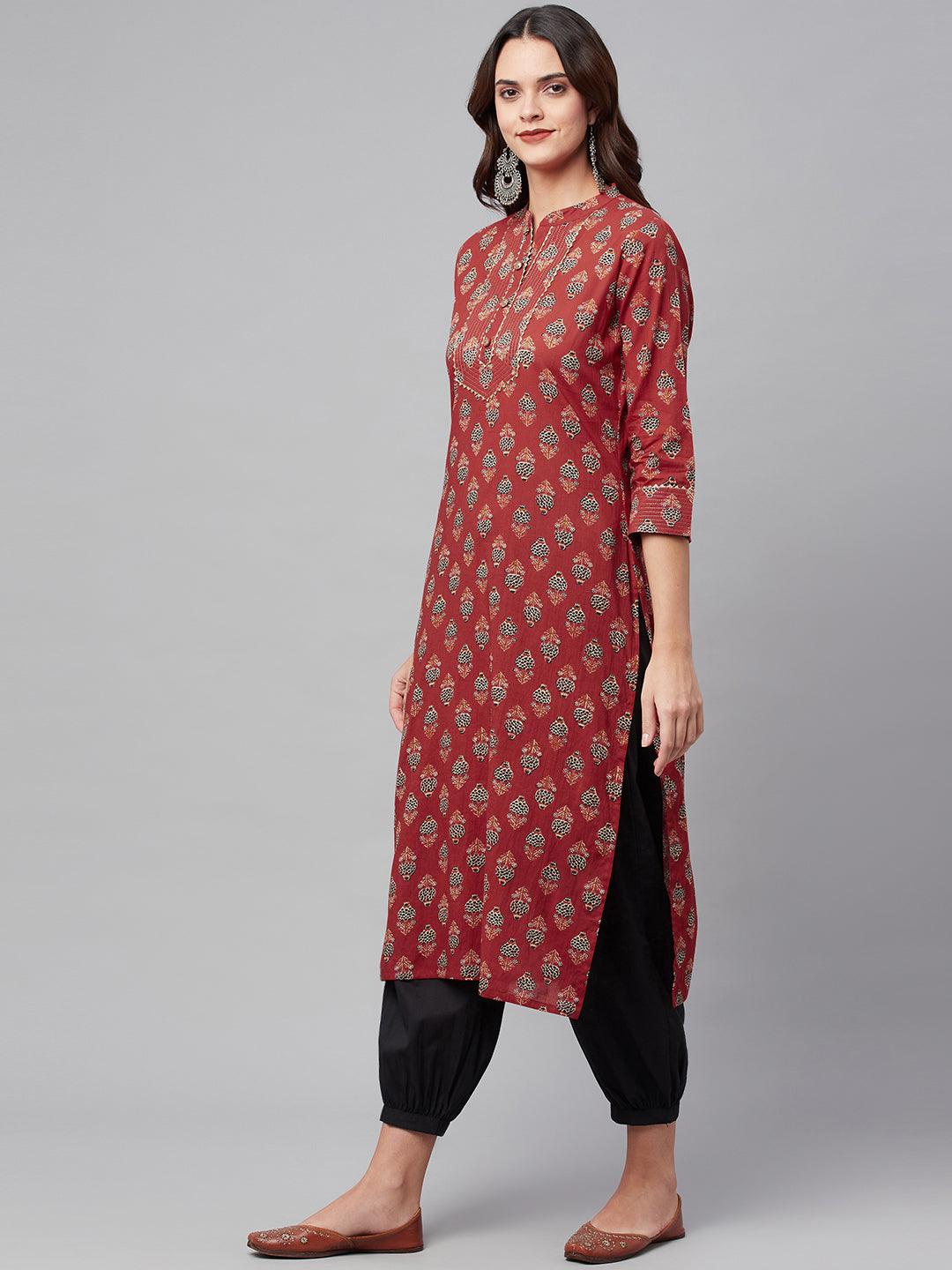 Women's Red Ethnic Cotton Straight Kurta - Taantav