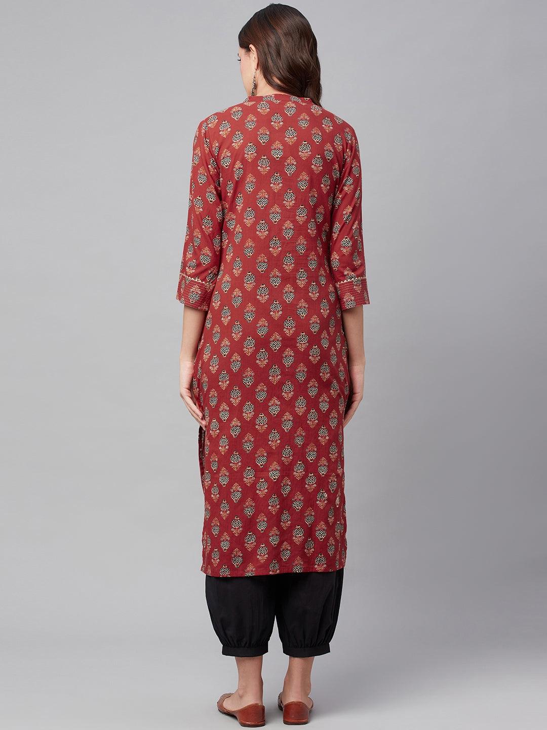 Women's Red Ethnic Cotton Straight Kurta - Taantav