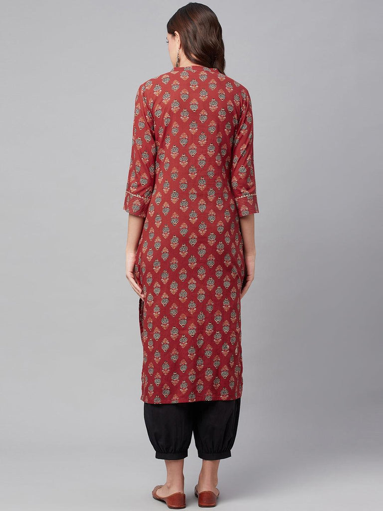 Women's Red Ethnic Cotton Straight Kurta