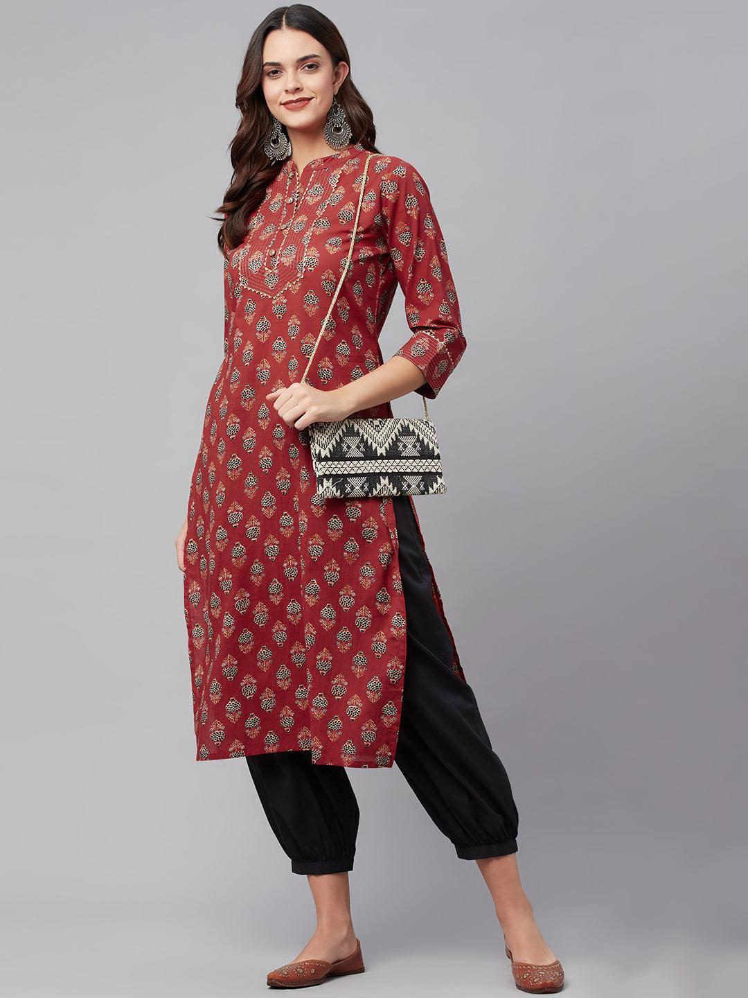 Women's Red Ethnic Cotton Straight Kurta - Taantav