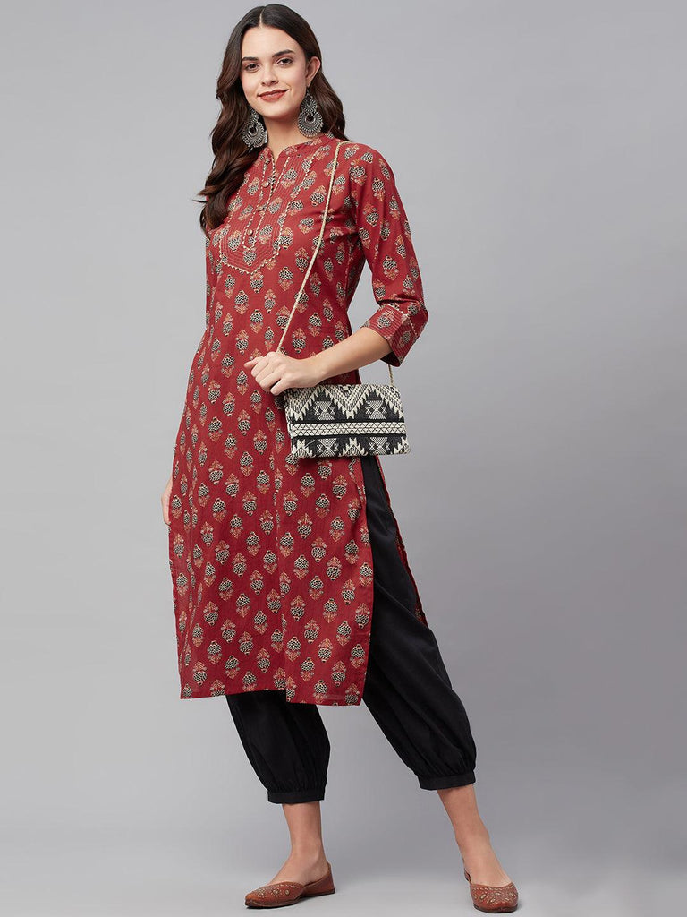 Women's Red Ethnic Cotton Straight Kurta