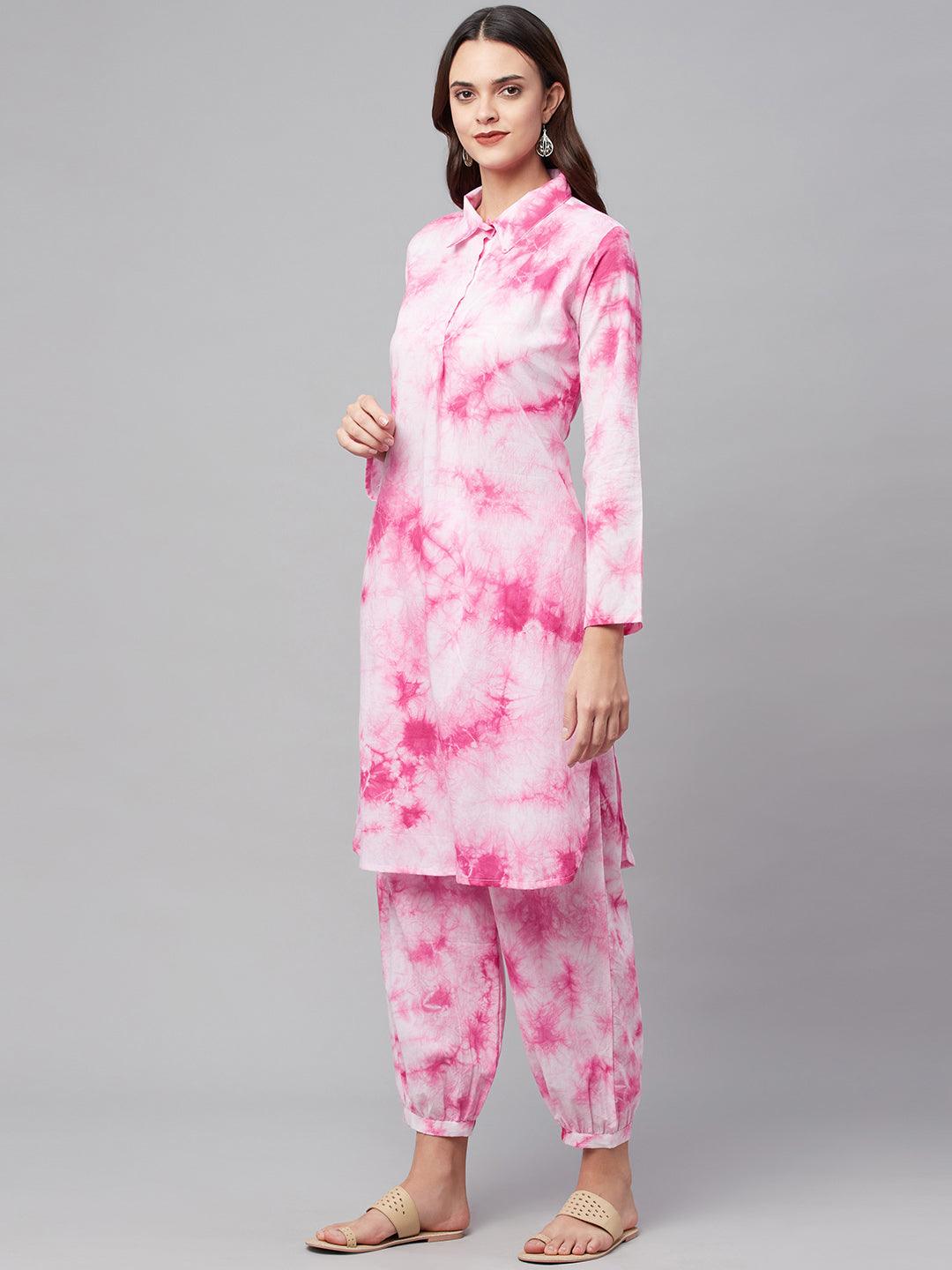 Women's Pink Cotton Shirt Style Kurta Hem Cuffed Pant Set - Taantav