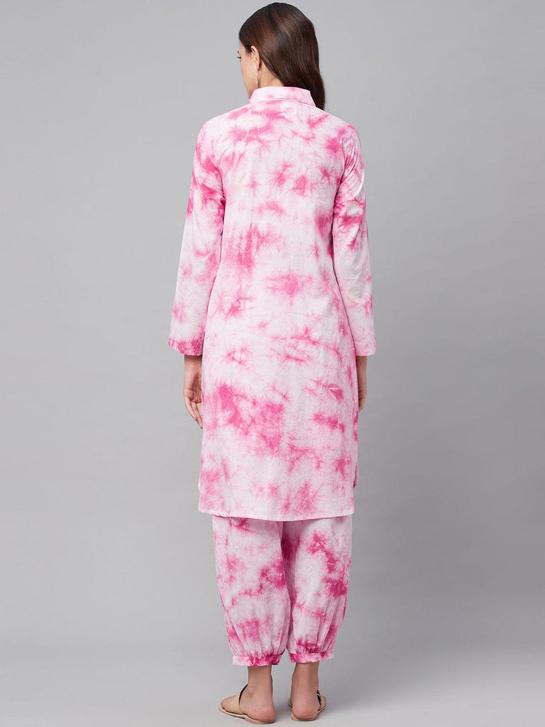 Women's Pink Cotton Shirt Style Kurta Hem Cuffed Pant Set
