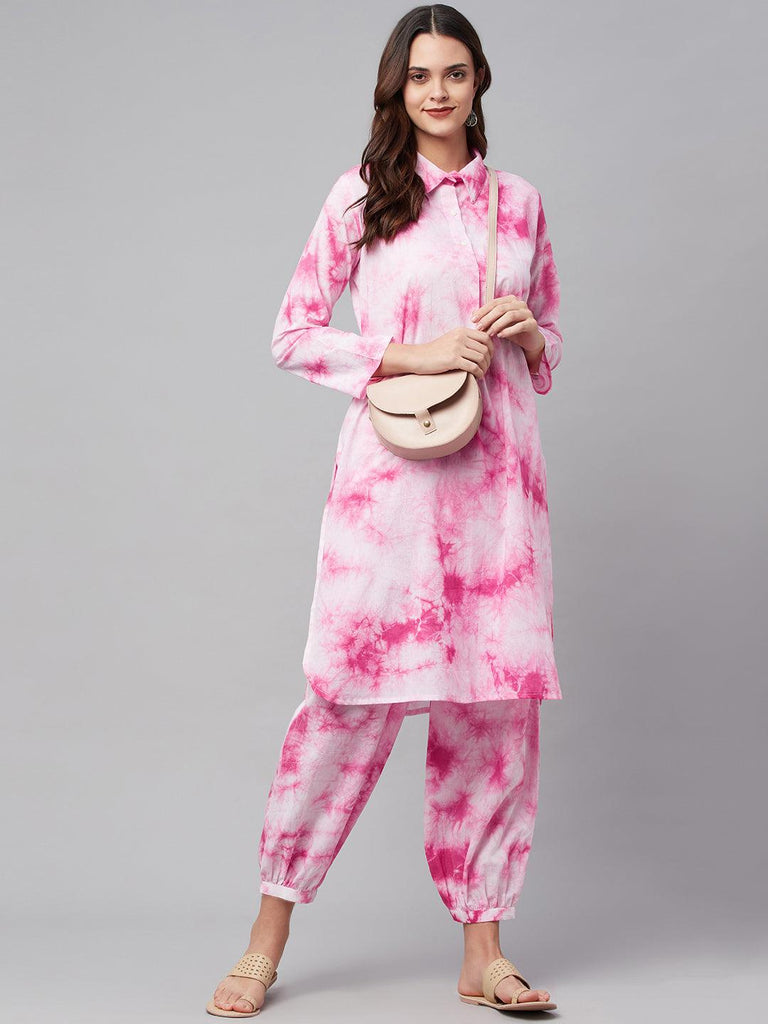 Women's Pink Cotton Shirt Style Kurta Hem Cuffed Pant Set