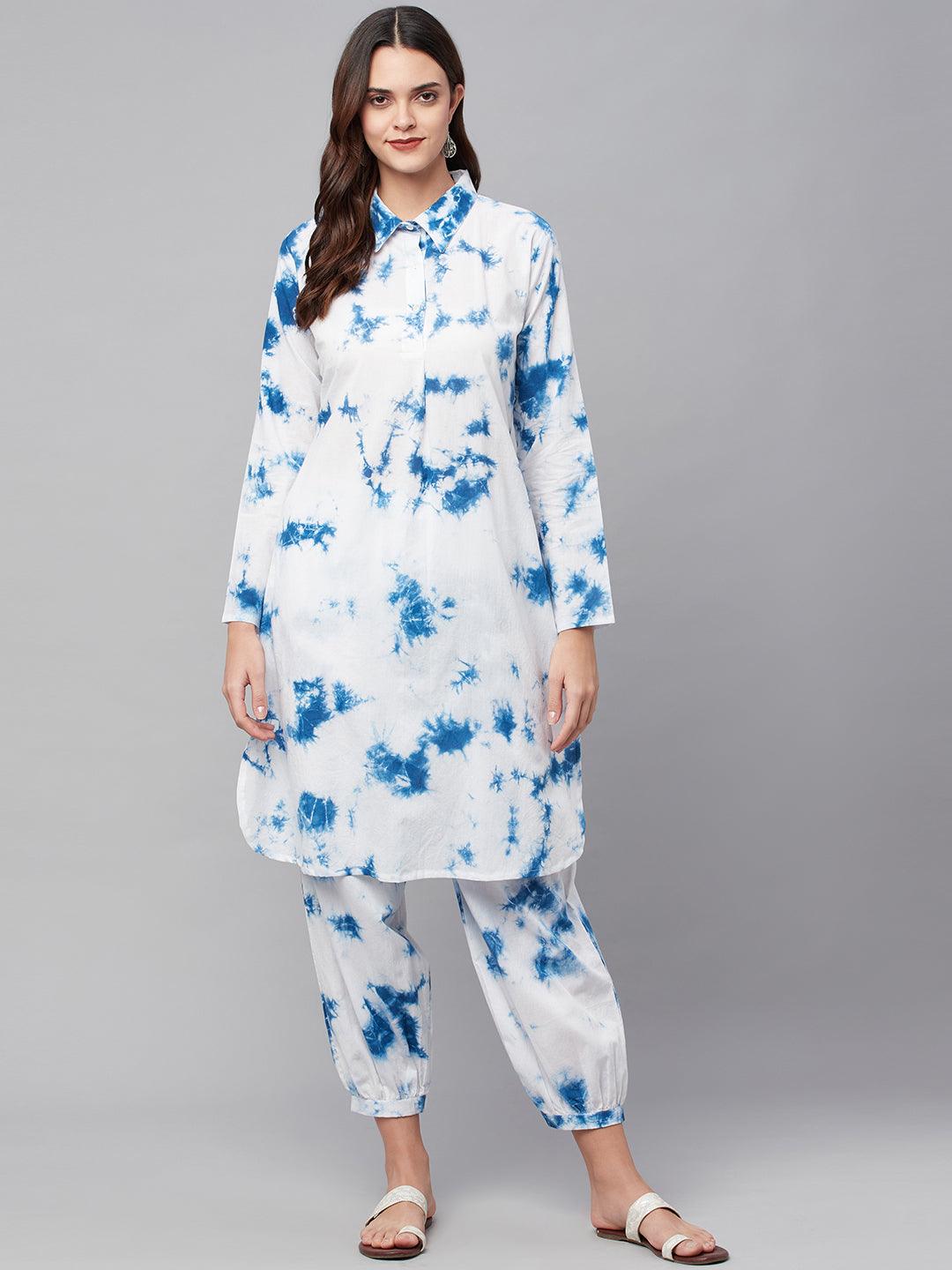 Women's Blue Cotton Shirt Style Co-ord Set - Taantav