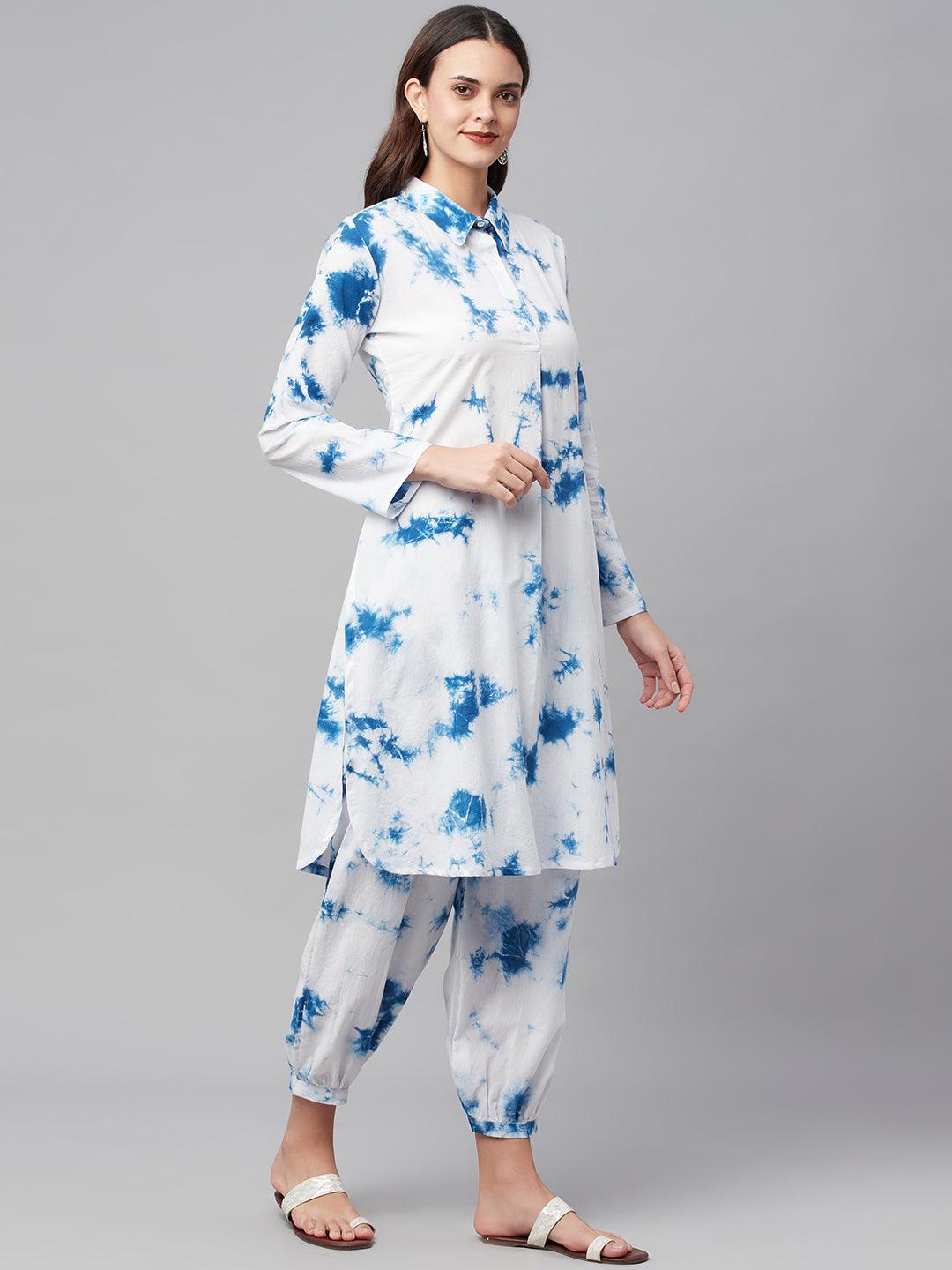 Women's Blue Cotton Shirt Style Co-ord Set - Taantav