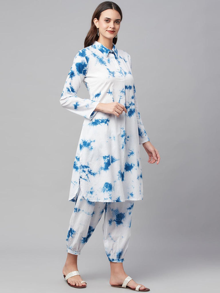 Women's Blue Cotton Shirt Style Co-ord Set