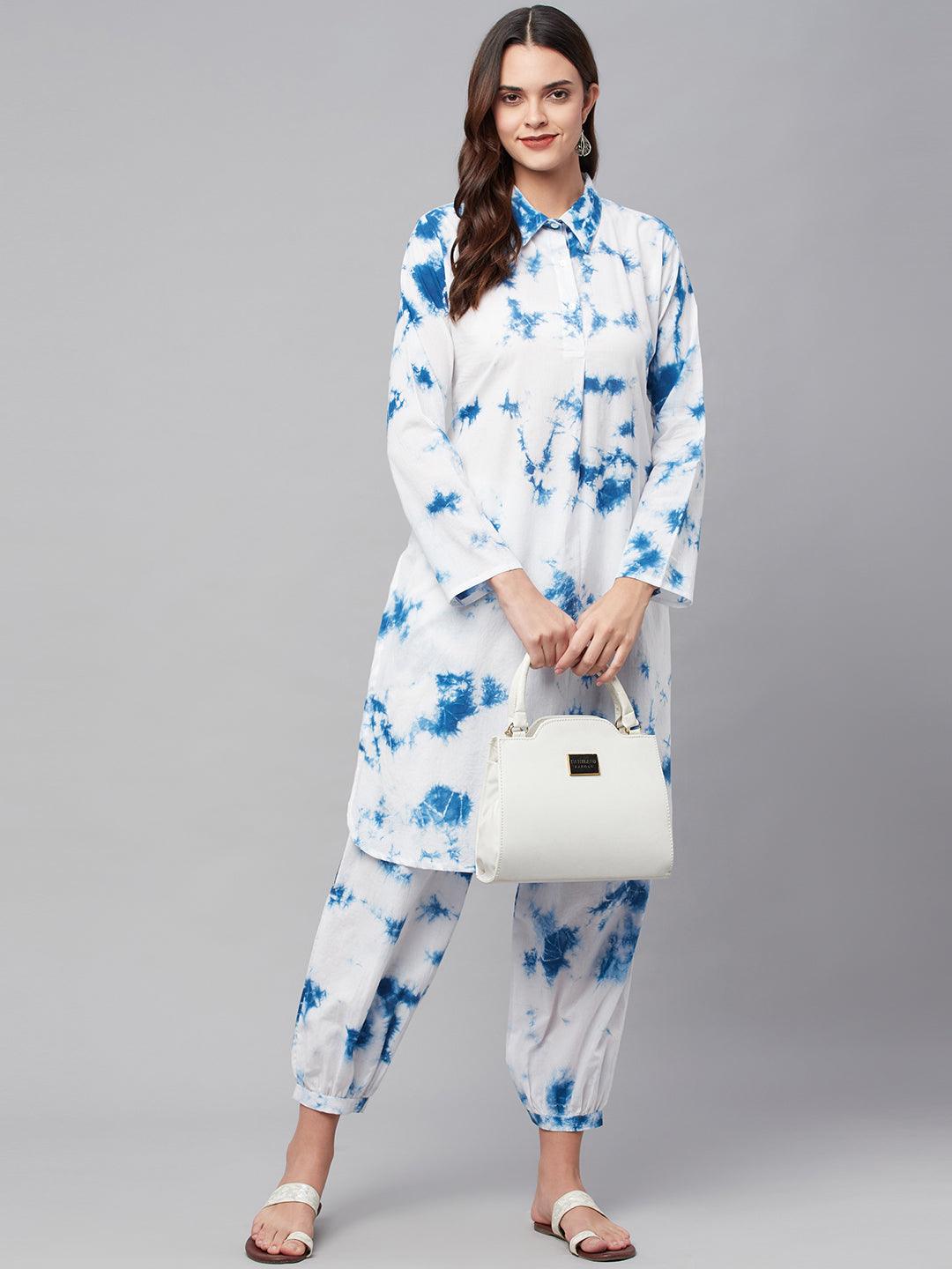 Women's Blue Cotton Shirt Style Co-ord Set - Taantav